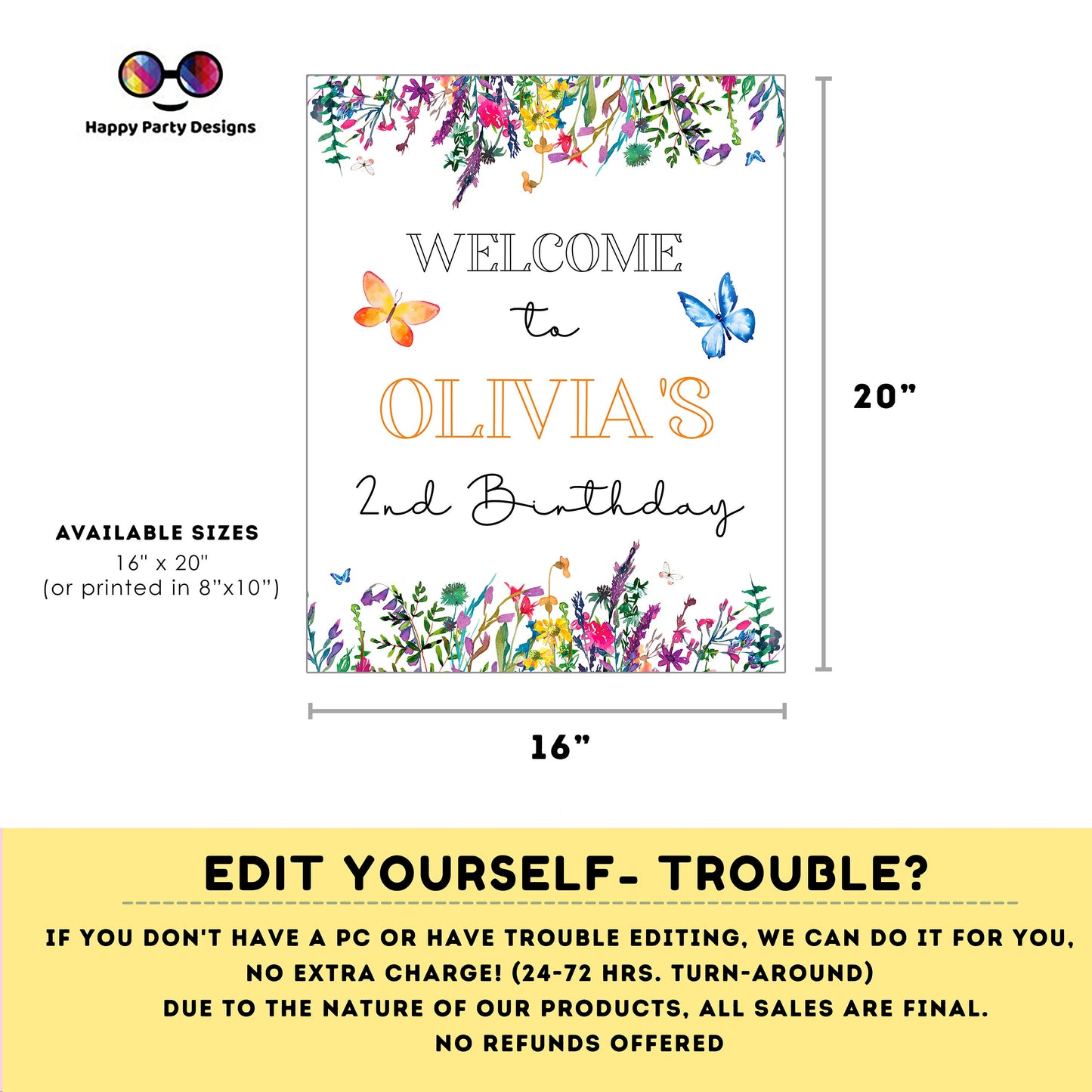 Editable Welcome Sign | Wildflower birthday | Spring birthday Decorations | baby Girl | Flower Welcome Sign | Butterfly party #K73