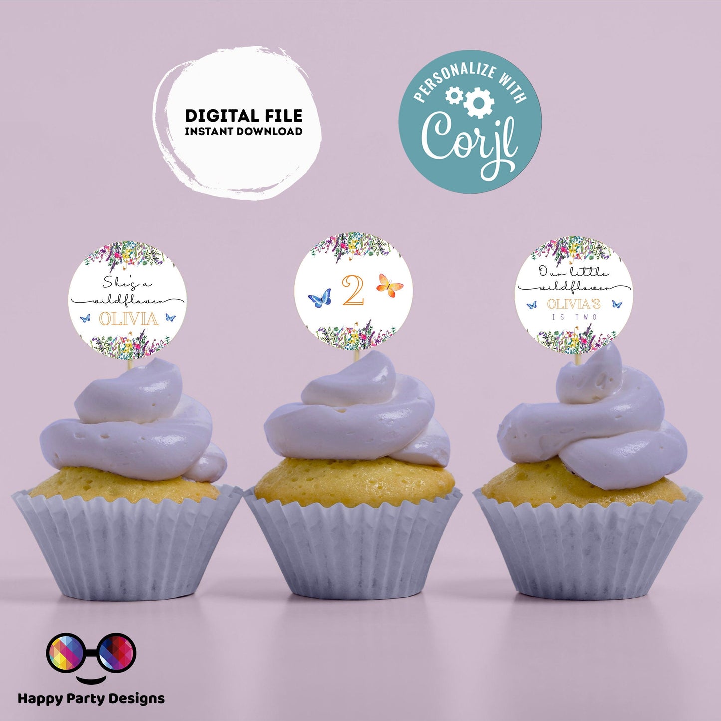 Editable Wildflower Round cupcake toppers | Little Wildflower | Garden Birthday Party | Whimsical Spring | Meadow Birthday | stickers #K73