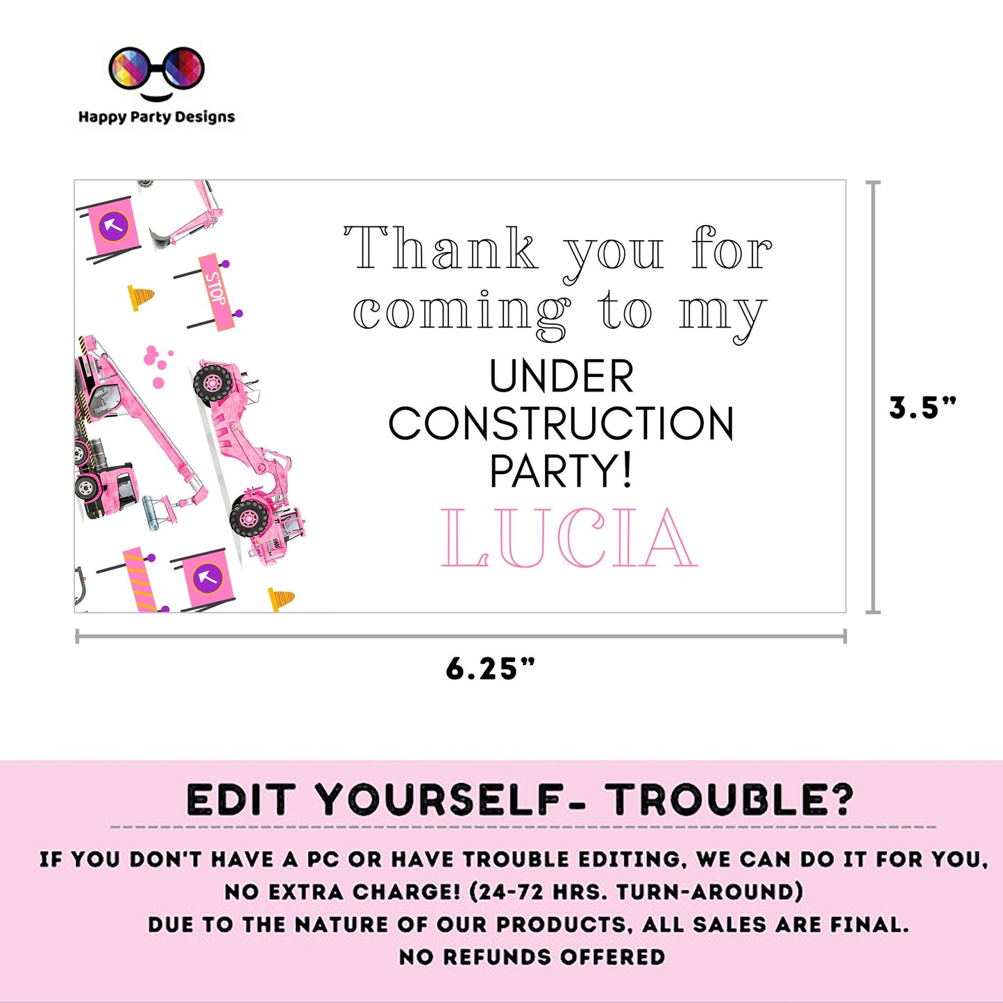 Under construction Birthday Box label | Trucks party | favor box | trucks birthday party | Girl birthday | Box to print