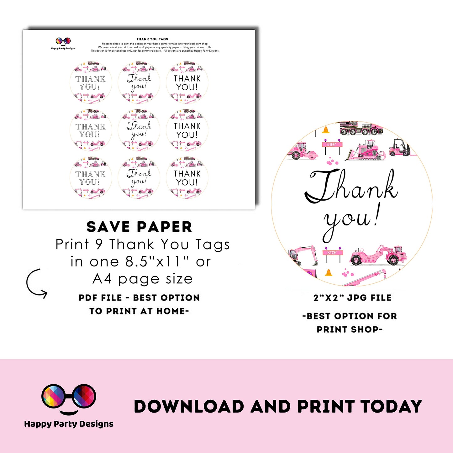 Under Construction Thank you Tag | Instant download | Trucks Birthday Party | Trucks party | girl Birthday Party | Round Tag