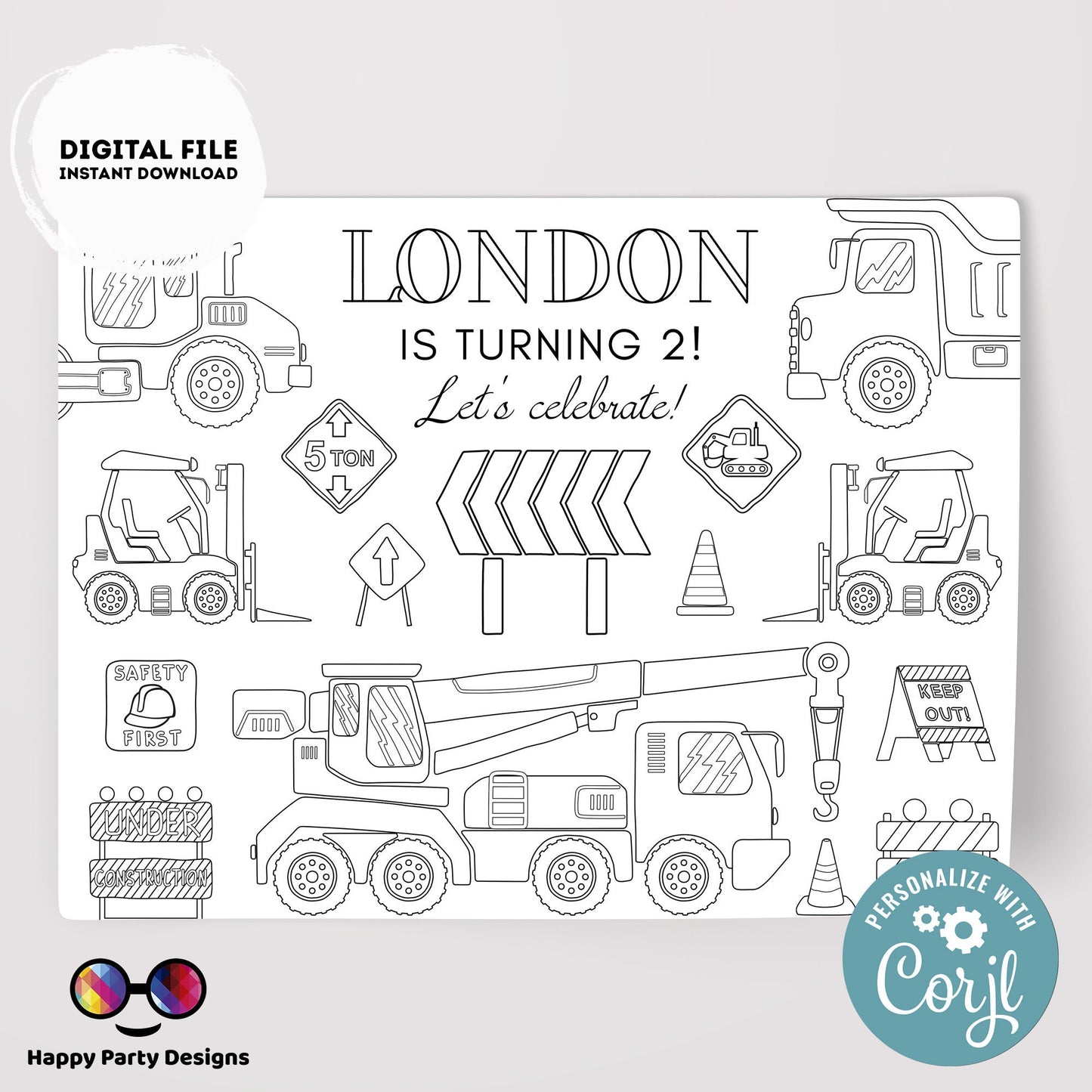 Editable construction coloring page | Placemat coloring page | Any Age | Trucks birthday | Game under construction Party Activity