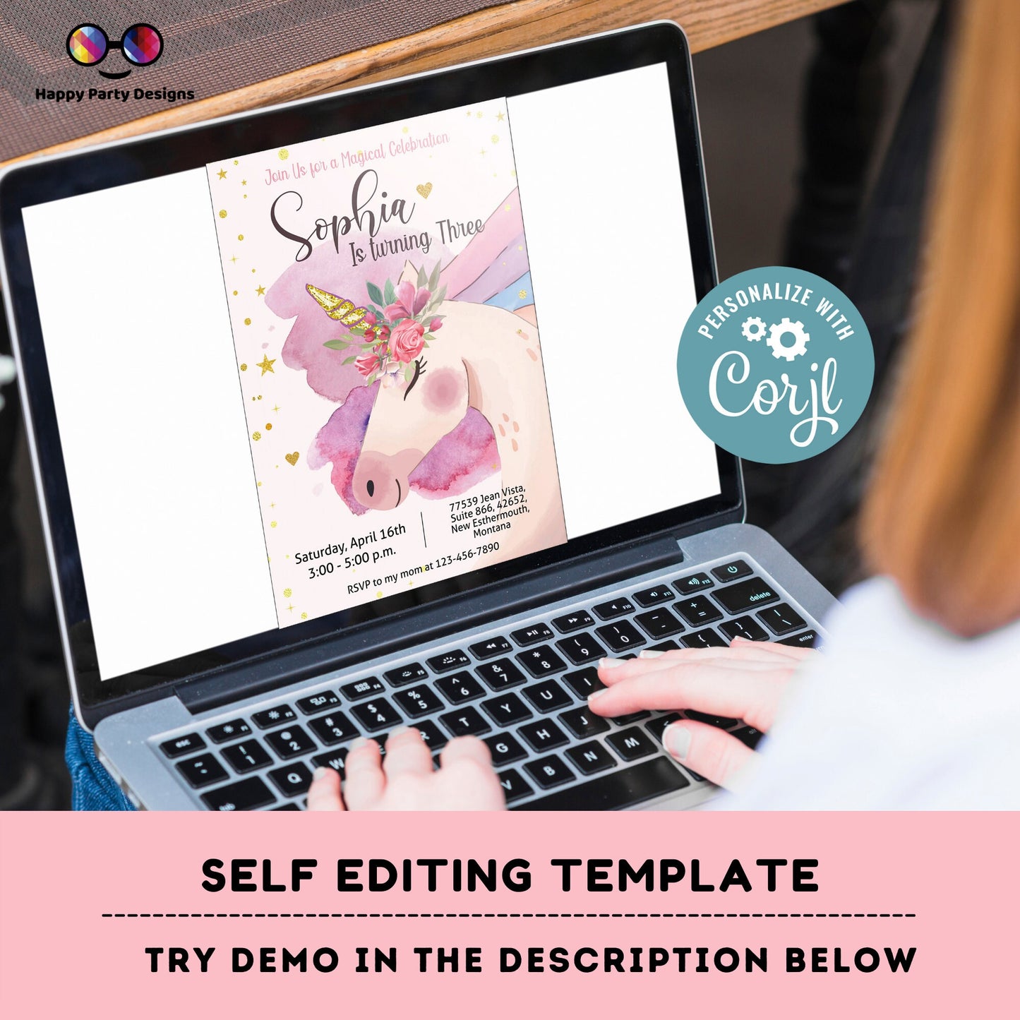 Unicorn Birthday Invitation | Unicorn birthday party | Unicorn template invite | unicorn party | EDITABLE ON LINE | #0001