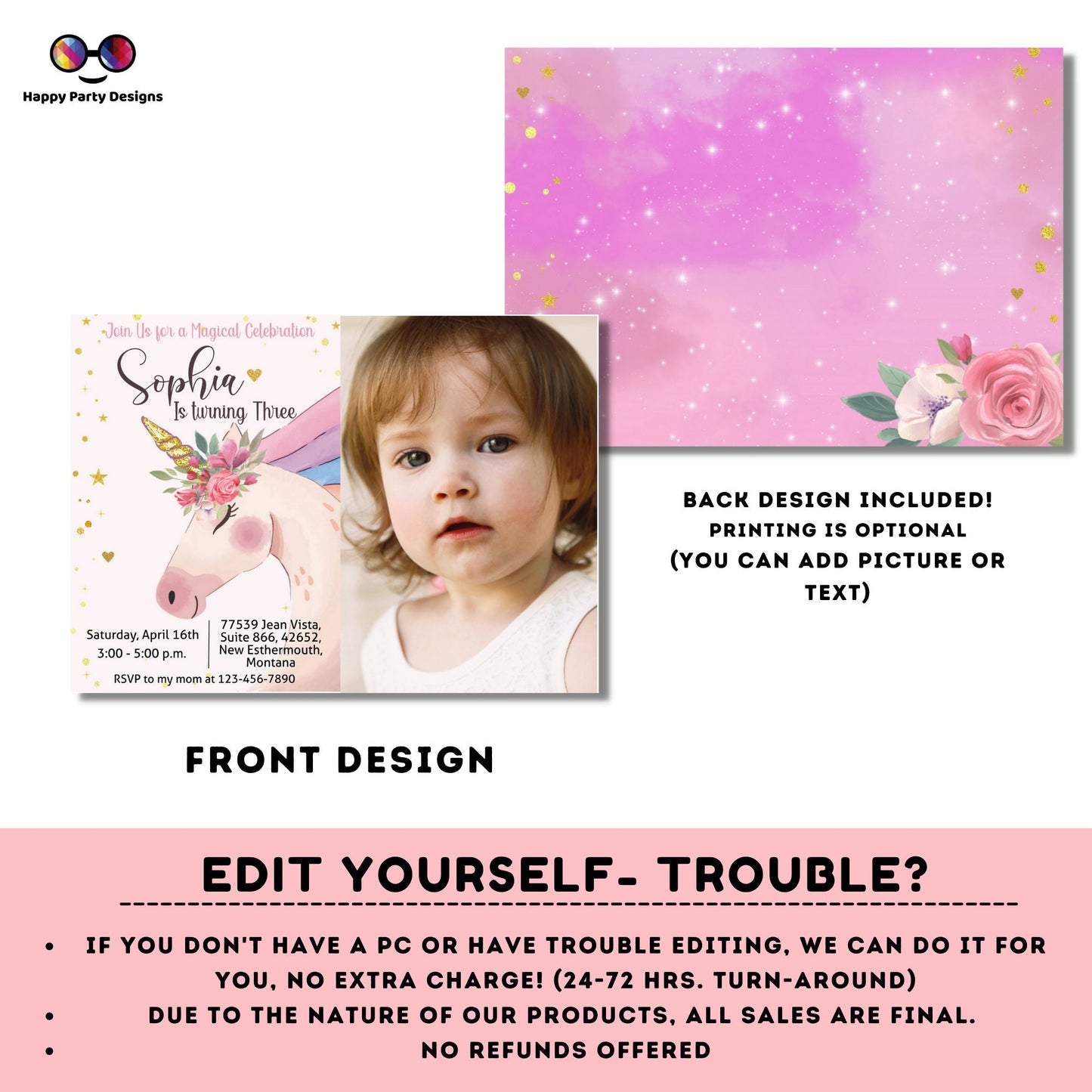 Unicorn Birthday Invitation with picture | Unicorn birthday party | Unicorn template invite | unicorn party | EDITABLE ON LINE | 0001