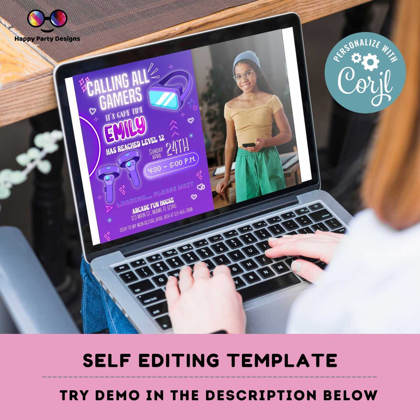 Editable video gamer invitation | Digital neon video gamer printable | Birthday girl with picture | virtual reality | neon Invitation