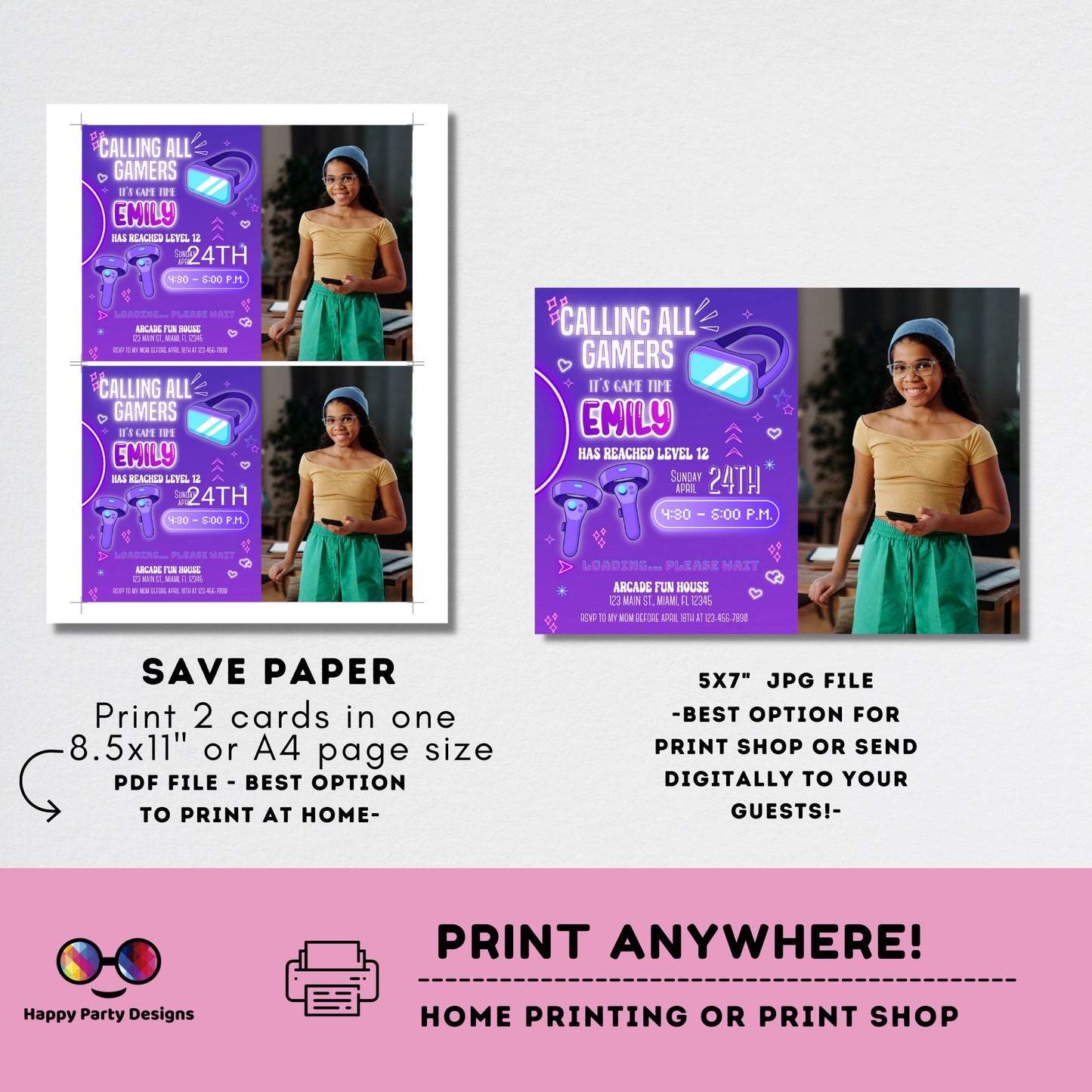 Editable video gamer invitation | Digital neon video gamer printable | Birthday girl with picture | virtual reality | neon Invitation