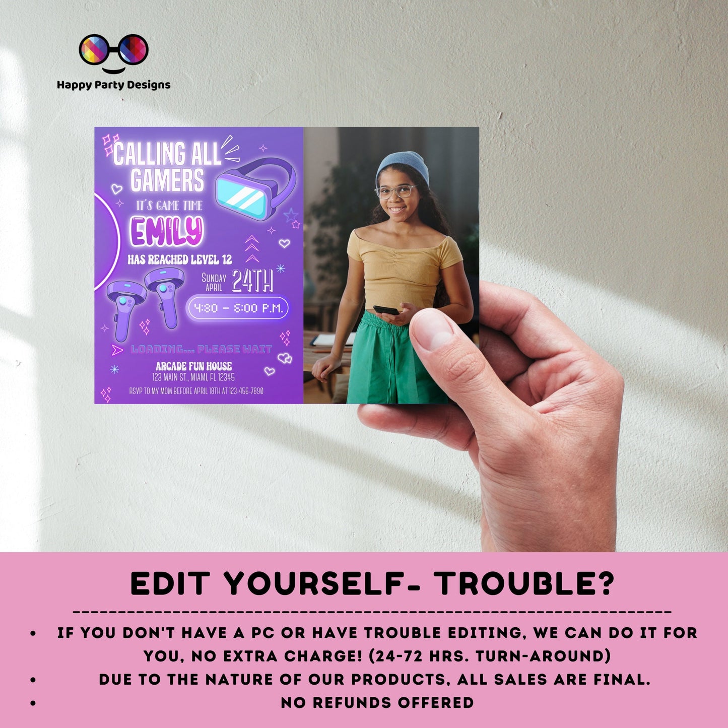 Editable video gamer invitation | Digital neon video gamer printable | Birthday girl with picture | virtual reality | neon Invitation
