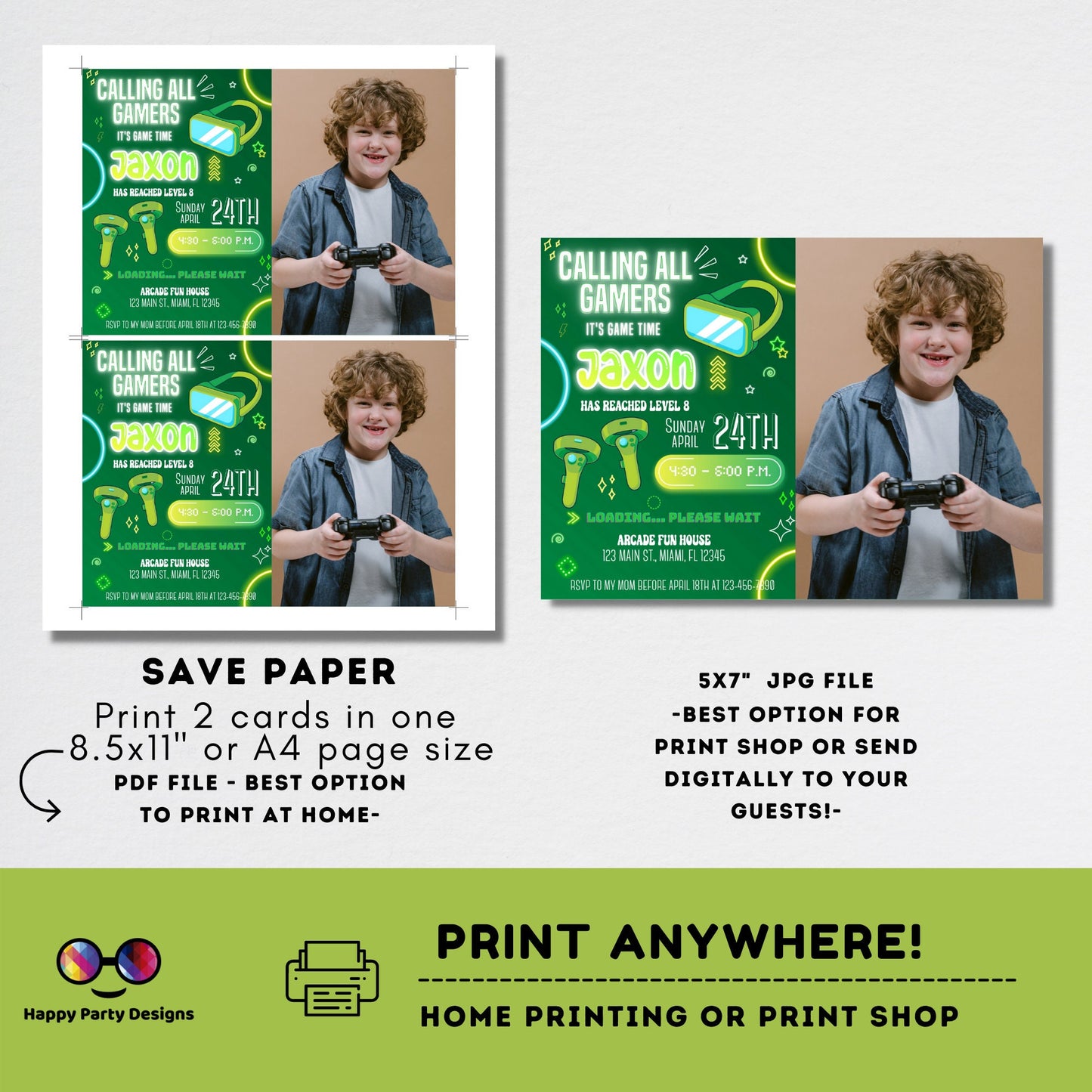 Editable video gamer invitation | Digital neon video gamer printable invite | Birthday boy | virtual reality | neon Invitation