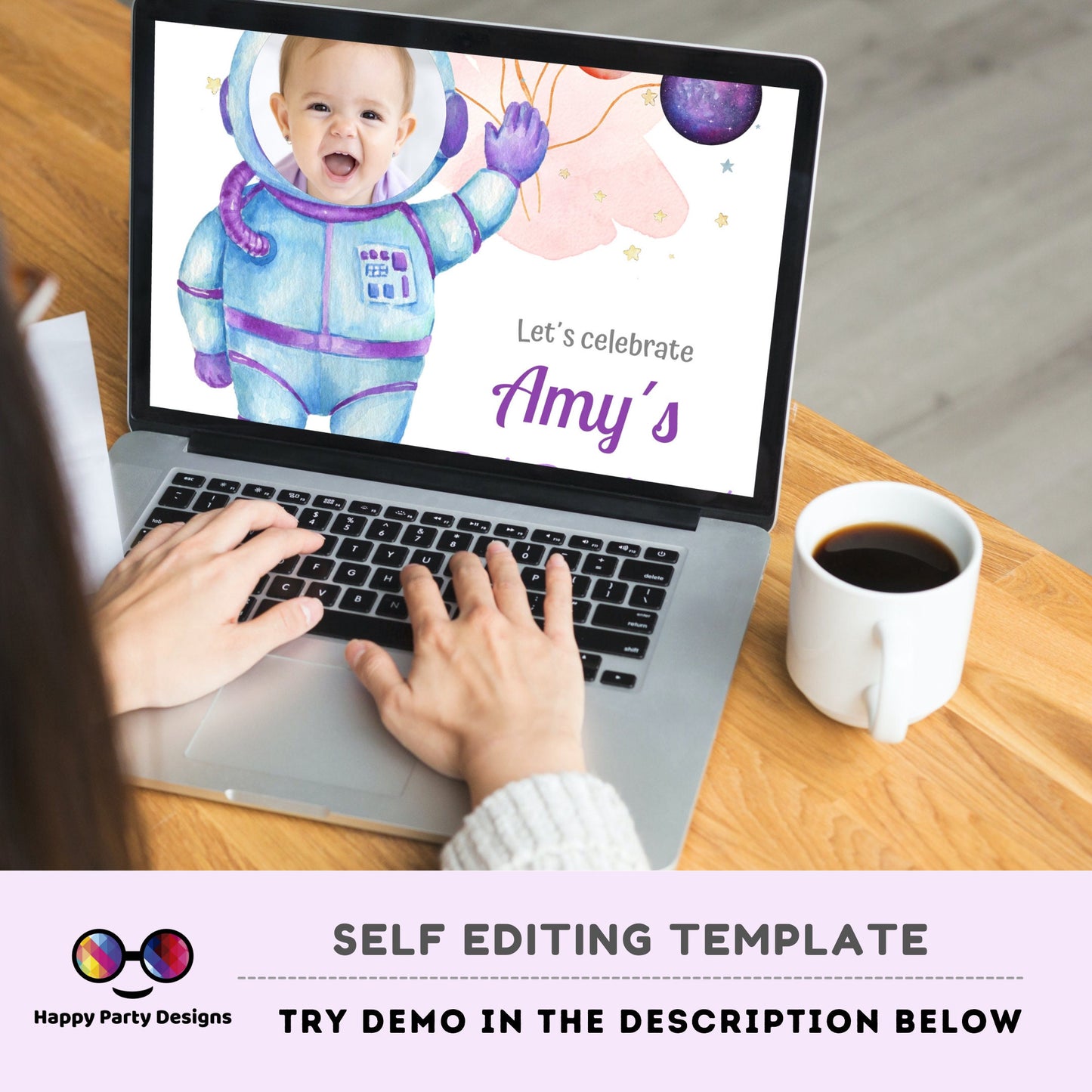 Editable Outer Space First Birthday Invitation Galaxy Blast Off First Trip Around the Sun Space Girl photo Download Printable Template Corjl
