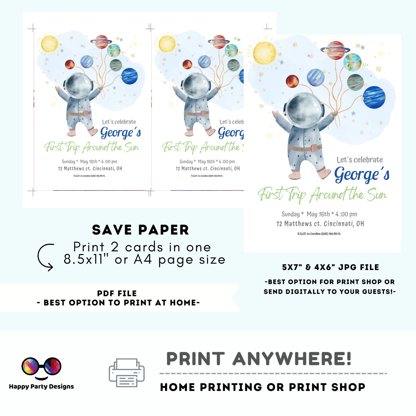 Editable Outer Space First Birthday Invitation Galaxy Blast Off First Trip Around the Sun Space Boy photo Download Printable Template Corjl