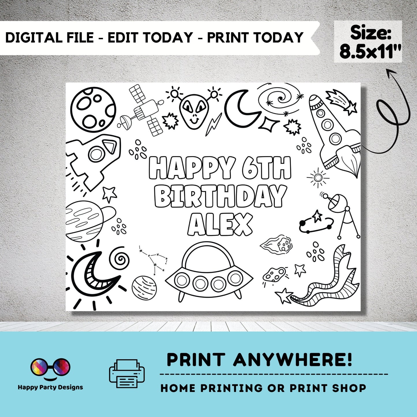 Editable Space coloring page | Placemat coloring page | Any Age | Out of this world birthday | Space Party Activity