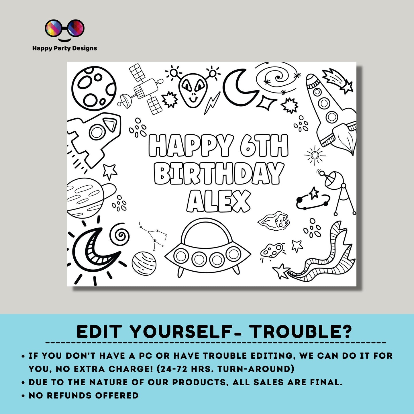 Editable Space coloring page | Placemat coloring page | Any Age | Out of this world birthday | Space Party Activity