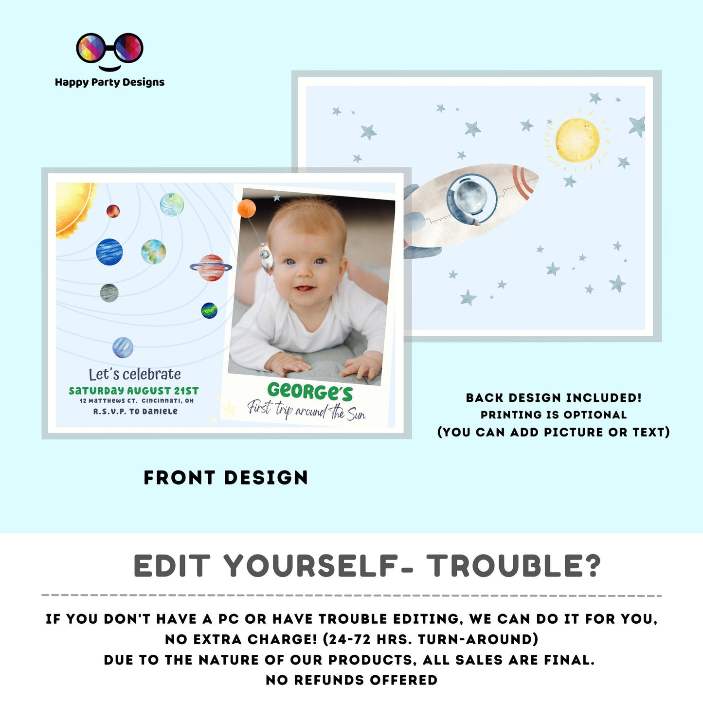 Editable Outer Space First Birthday with photo Invitation Galaxy Blast Off First Trip Around the Sun Download Printable Template Digital