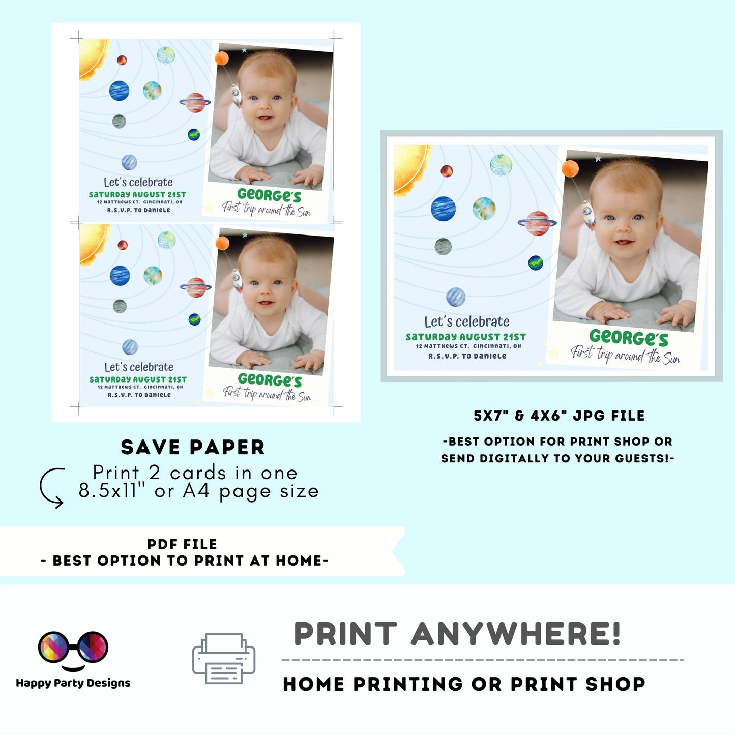 Editable Outer Space First Birthday with photo Invitation Galaxy Blast Off First Trip Around the Sun Download Printable Template Digital