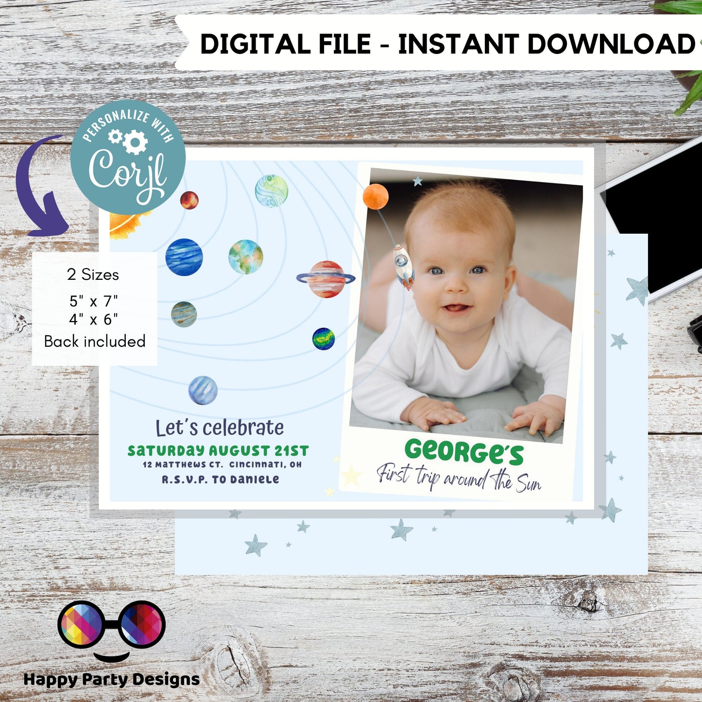 Editable Outer Space First Birthday with photo Invitation Galaxy Blast Off First Trip Around the Sun Download Printable Template Digital