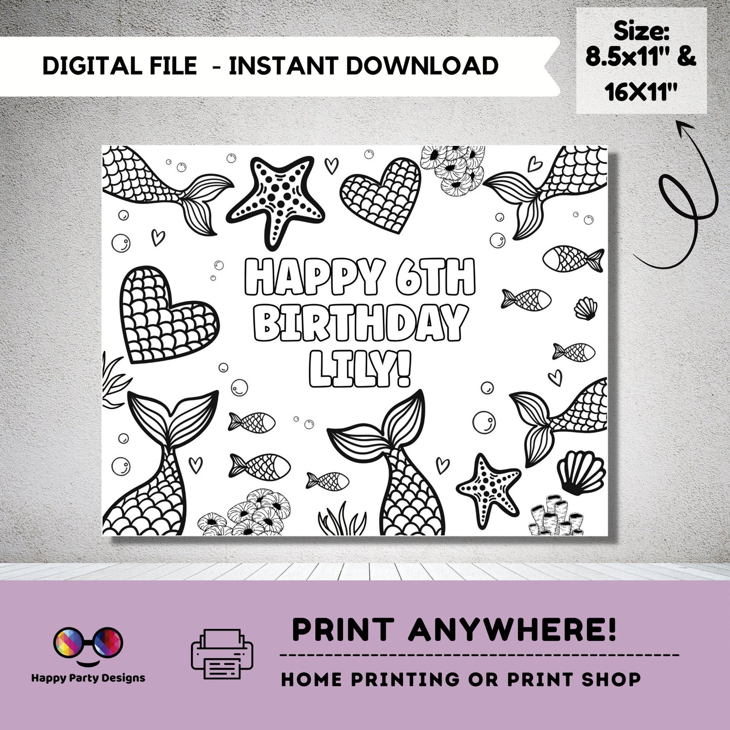 Editable mermaids coloring page | Mermaid placemat | Any Age | Mermaid birthday | Game Mermaid Party Activity