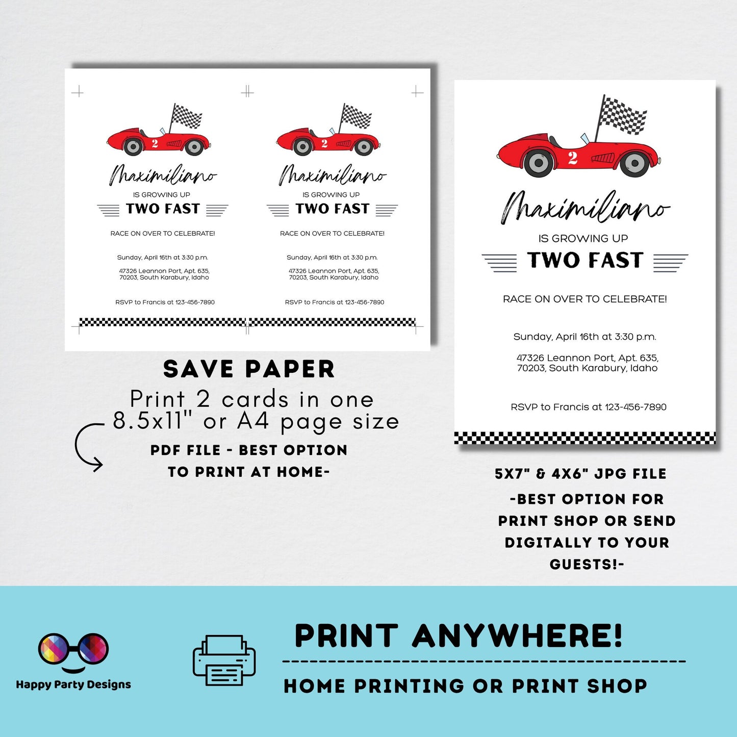 Growing Two fast Birthday Invitations | racing cars party | Red race car Invitation | 2nd birthday party | Edit Yourself