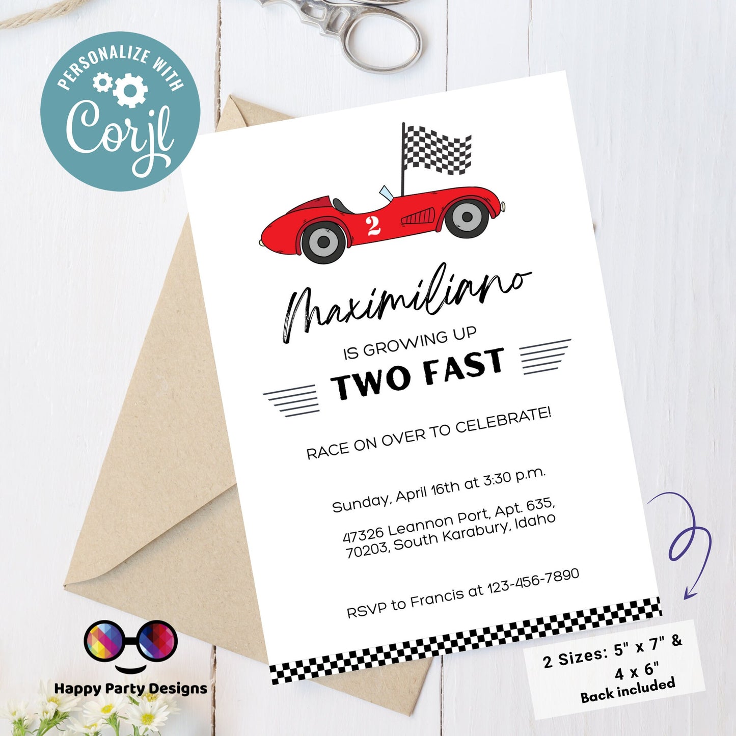 Growing Two fast Birthday Invitations | racing cars party | Red race car Invitation | 2nd birthday party | Edit Yourself