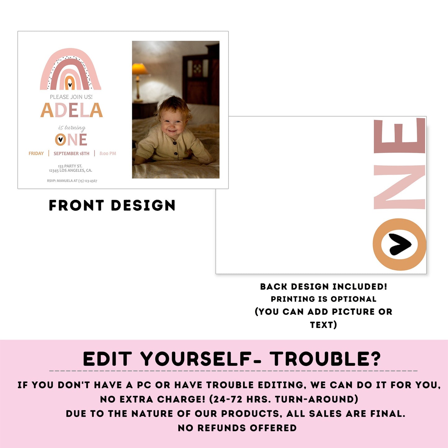 First birthday Rainbow Invitation with picture | EDITABLE Invitation | Boho birthday Invitation | Rainbow Birthday | Digital File