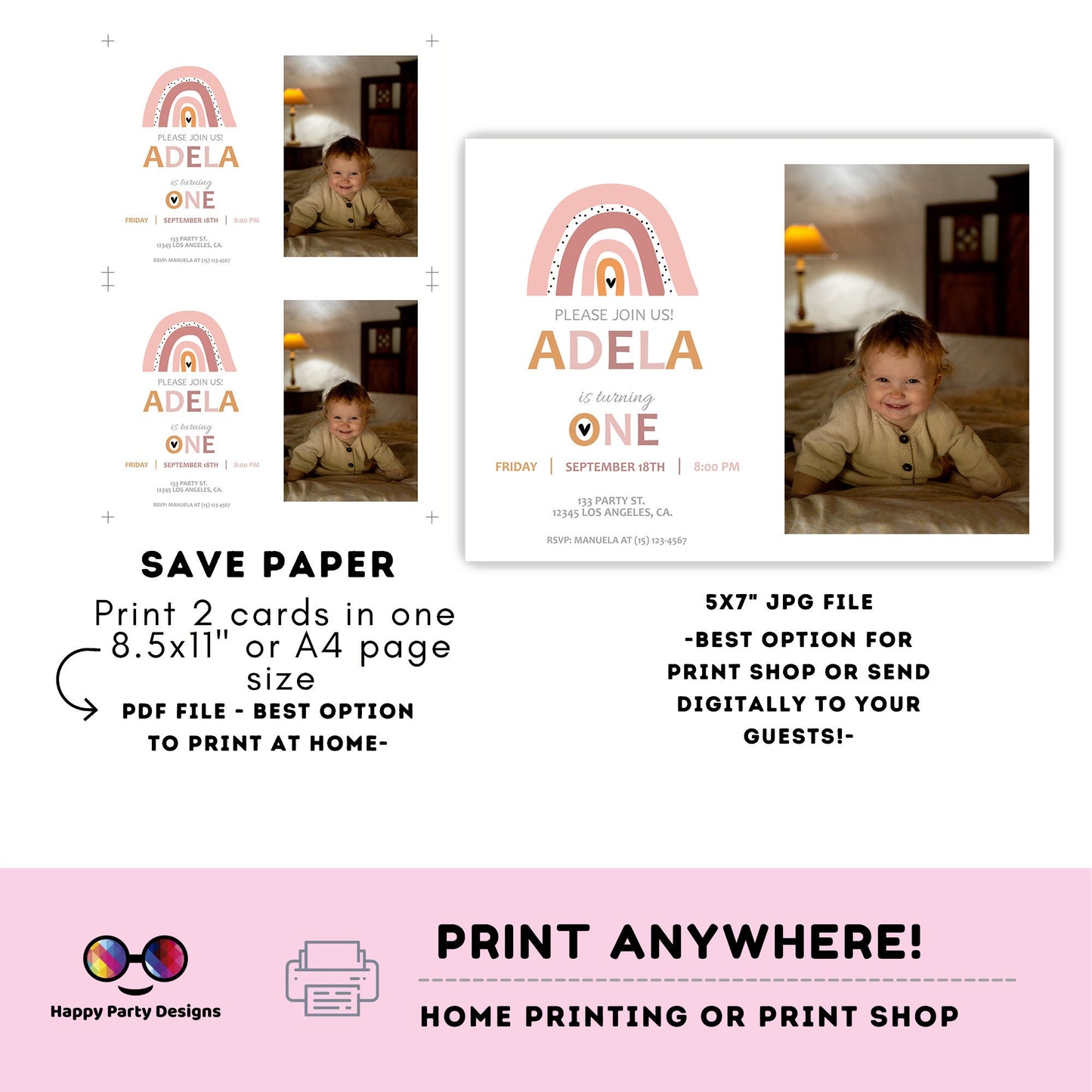 First birthday Rainbow Invitation with picture | EDITABLE Invitation | Boho birthday Invitation | Rainbow Birthday | Digital File