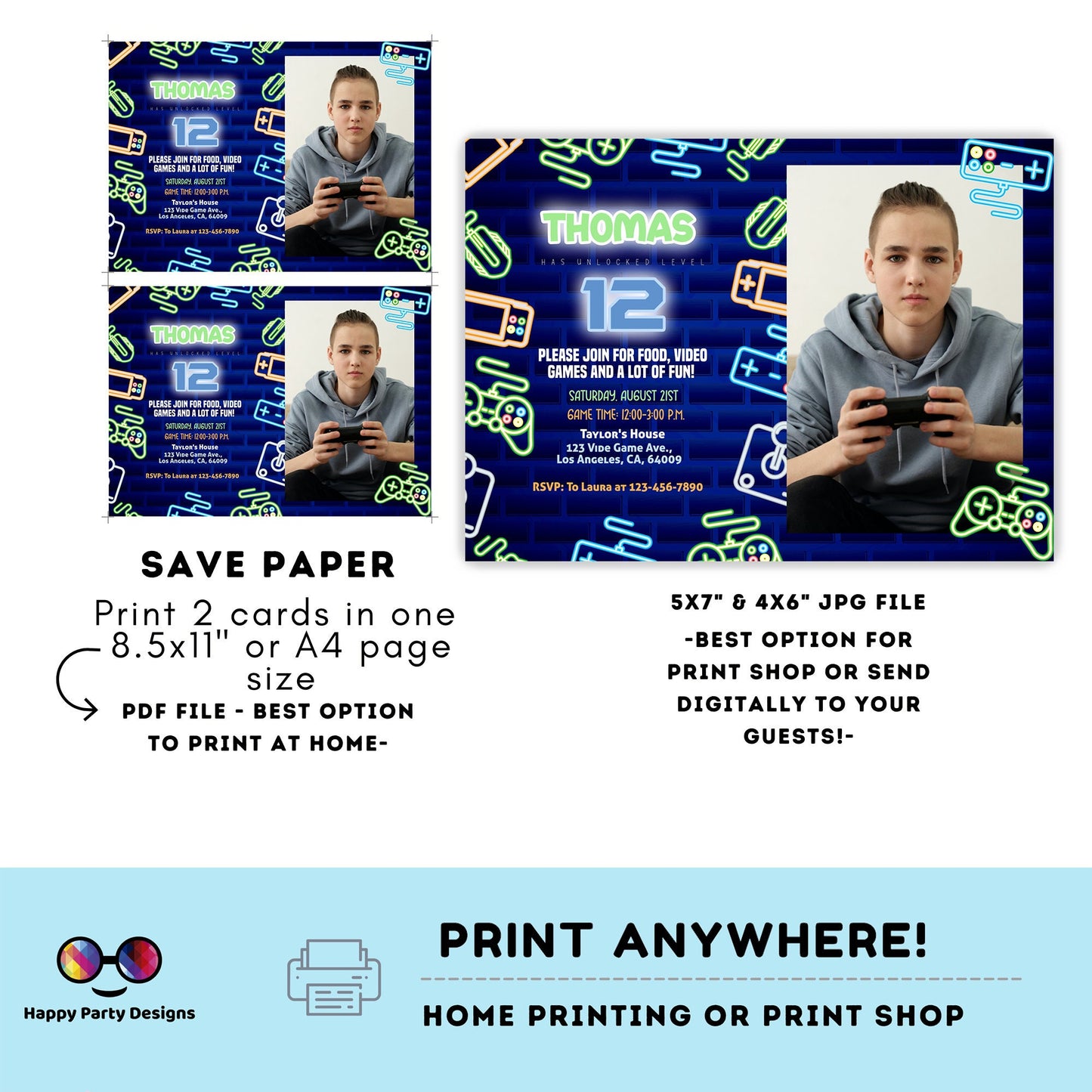 Editable video gamer invitation with photo | Digital neon video gamer printable invite | Birthday boy | neon Invitation #K50