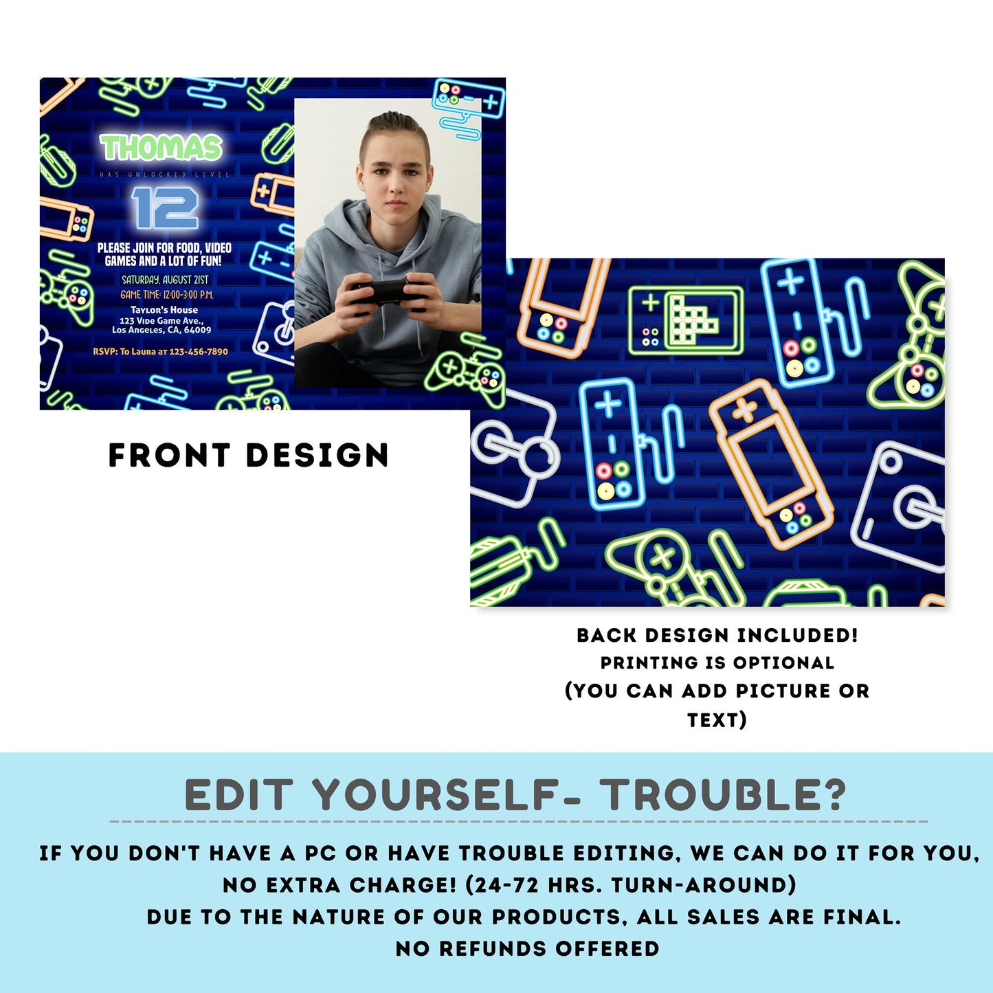 Editable video gamer invitation with photo | Digital neon video gamer printable invite | Birthday boy | neon Invitation #K50