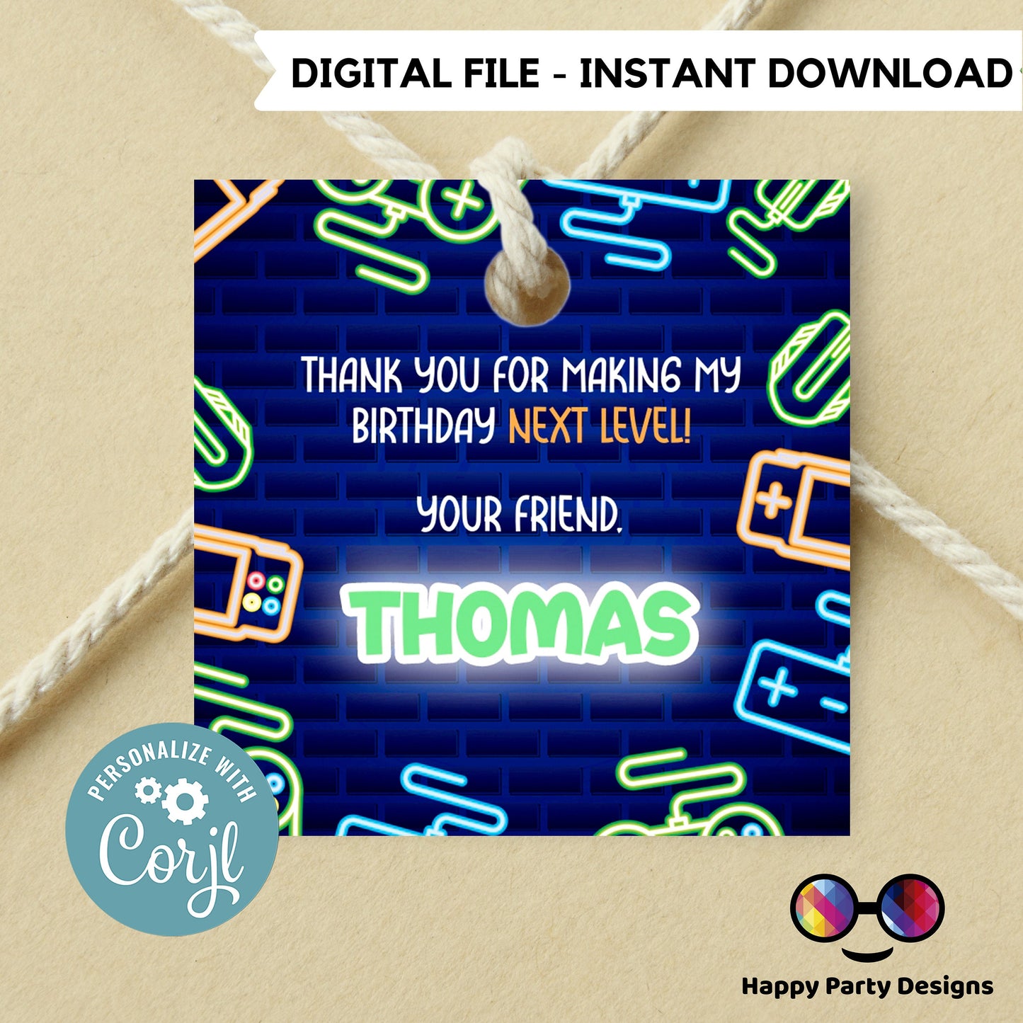 Editable Neon video gamer Thank you tag | Digital thank you tag | Gamer Thank You tag | Personalize Online #K50