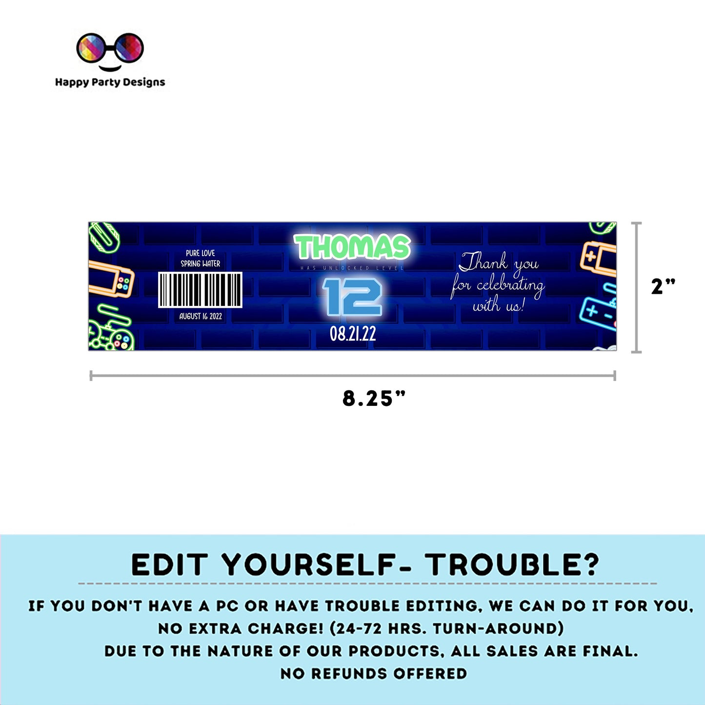 editable video gamer water bottle labels | digital labels | printable video gamer labels | video gamer | bottle labels | Birthday Boy #K50