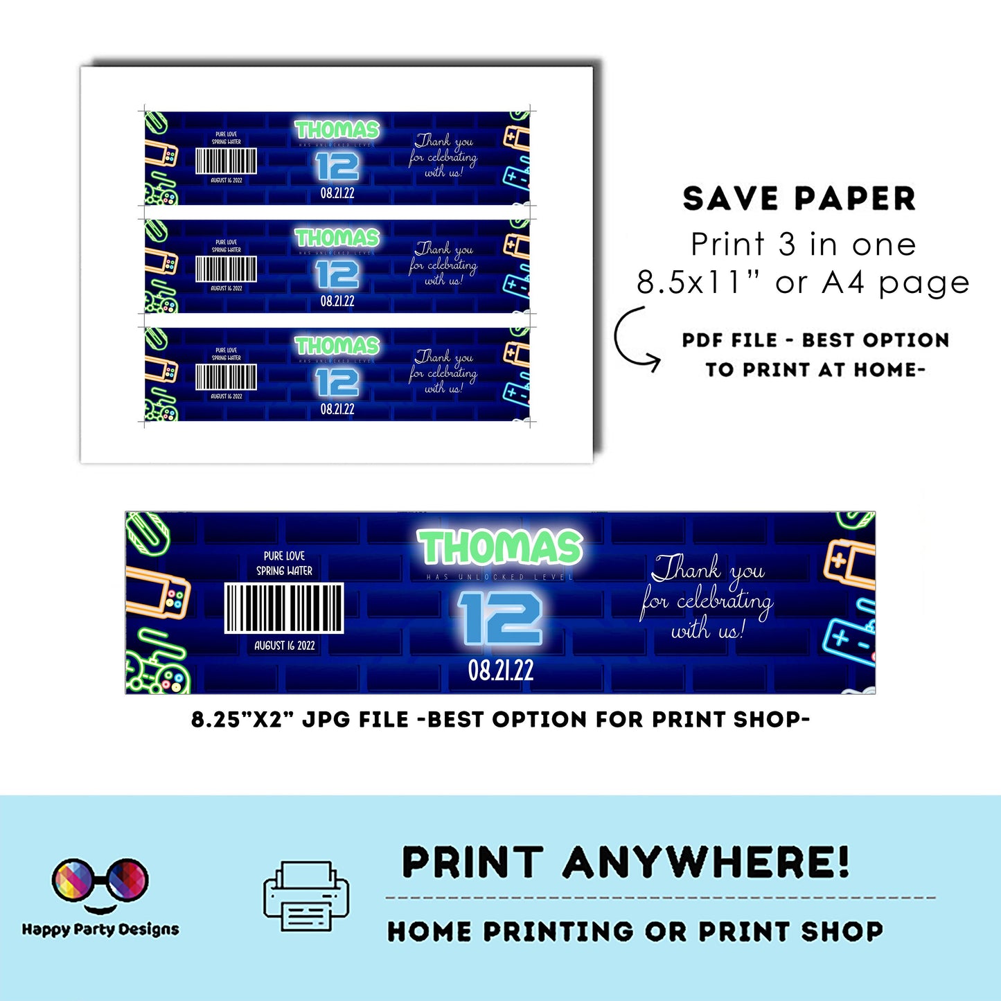 editable video gamer water bottle labels | digital labels | printable video gamer labels | video gamer | bottle labels | Birthday Boy #K50