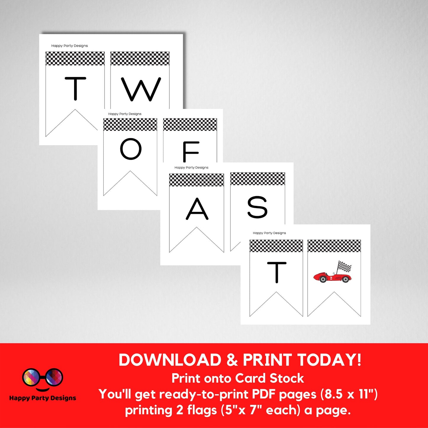 Growing Two fast Birthday Banner | racing cars party | Red race car Invitation | 2nd birthday party | Two fast banner to print