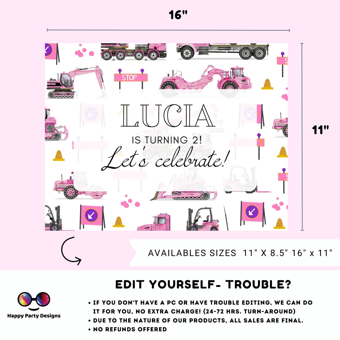 Editable TrucksPlacemat | construction Birthday | Any Age | construction party | construction party decor | Personalize Online
