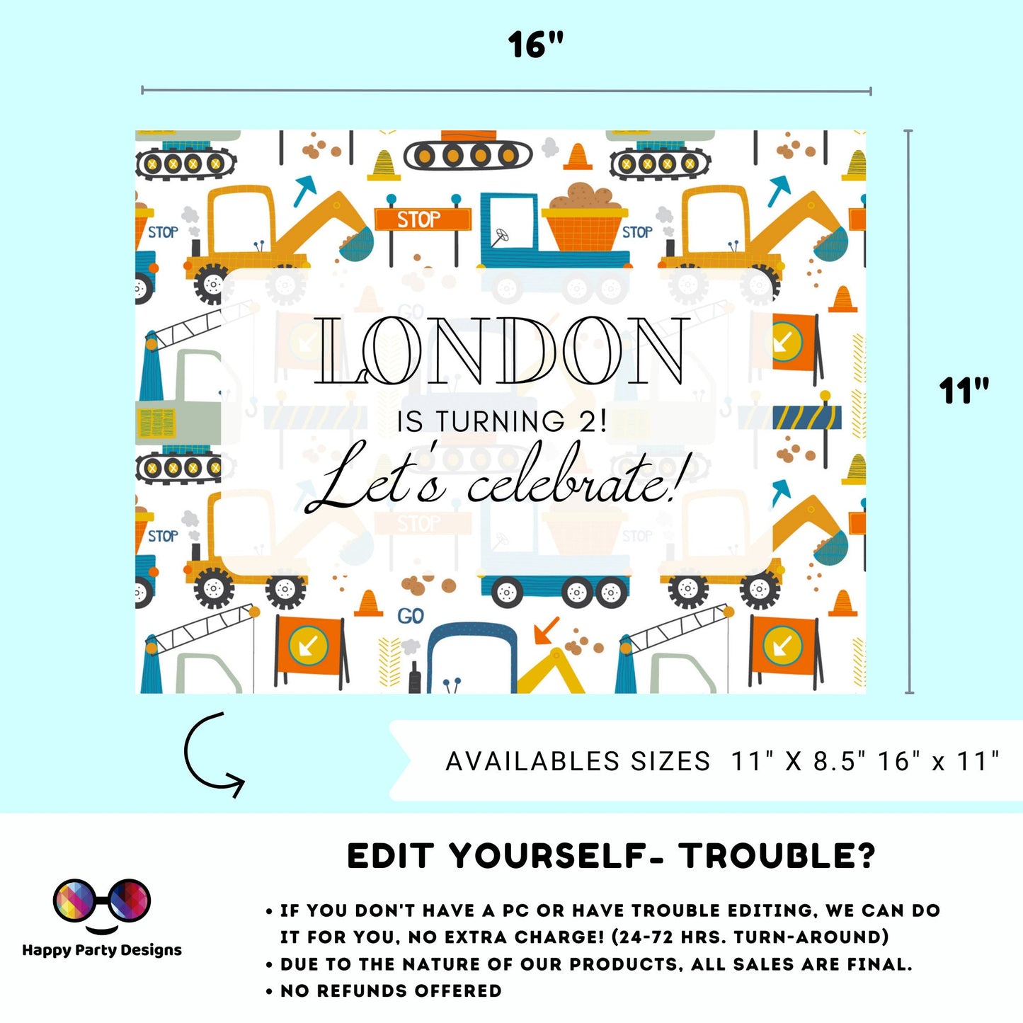 Editable Trucks Placemat | construction Birthday | Any Age | construction party | construction party decor | Personalize Online