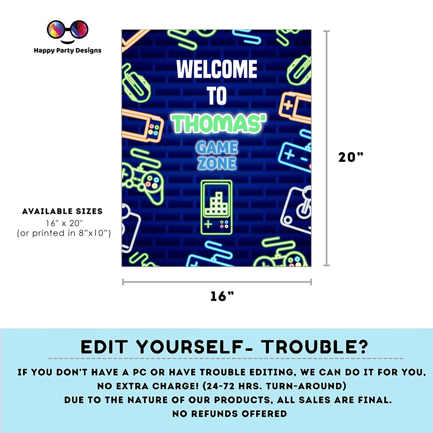 Editable video gamer Welcome Sign | Digital video gamer printable Welcome sign | Birthday boy | video gamer party | Personalize Online #K50
