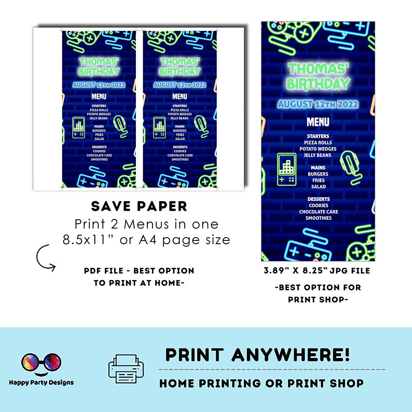 Editable Video Gamer Menu | Digital Video Gamer printable menu | Birthday boy | Video Gamer menu | Personalize Online | Corjl #K50