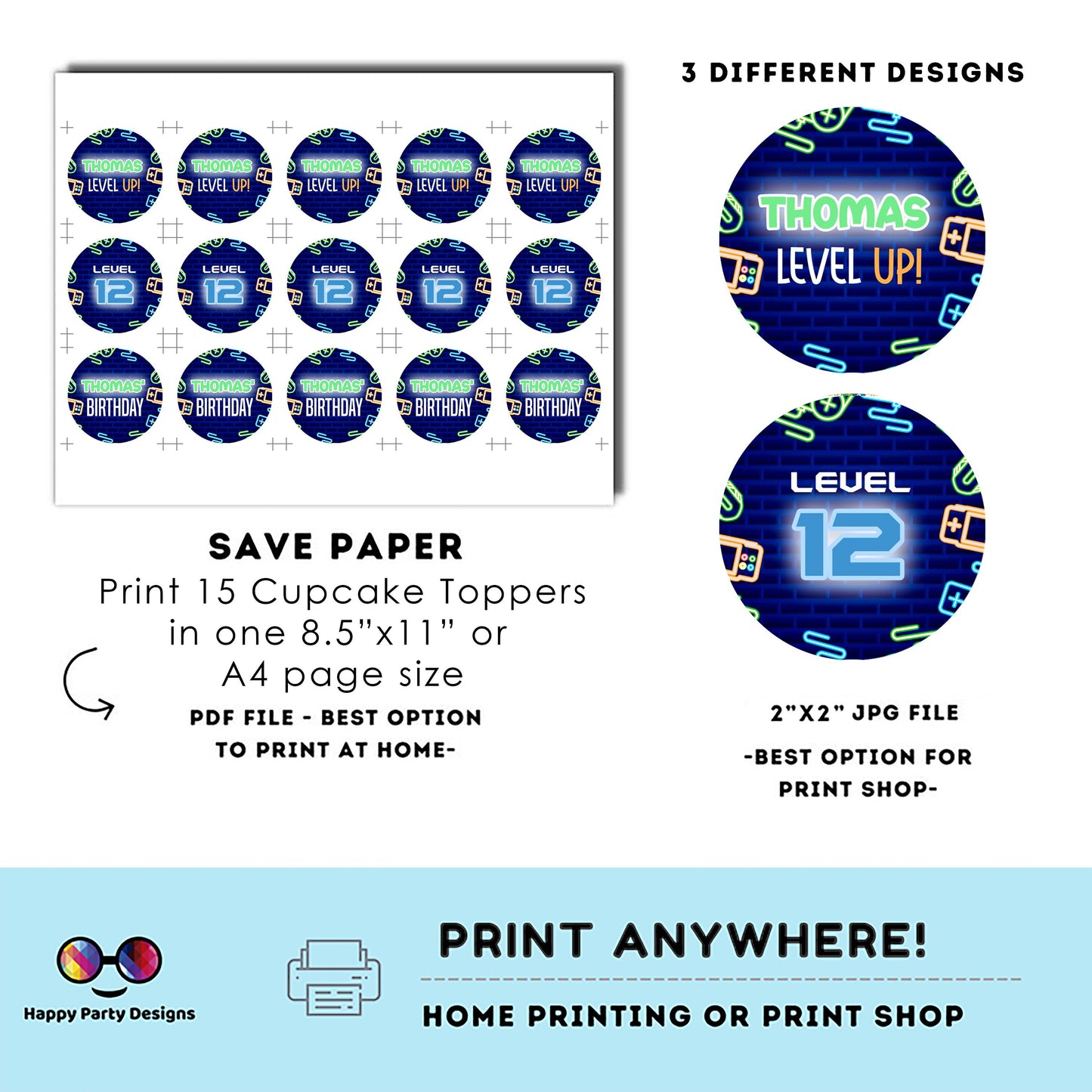 Editable Video Gamer Cupcake toppers | Neon Video Gamer Birthday | Editable online Cupcake Toppers | Digital | Gamer Birthday Party #K50