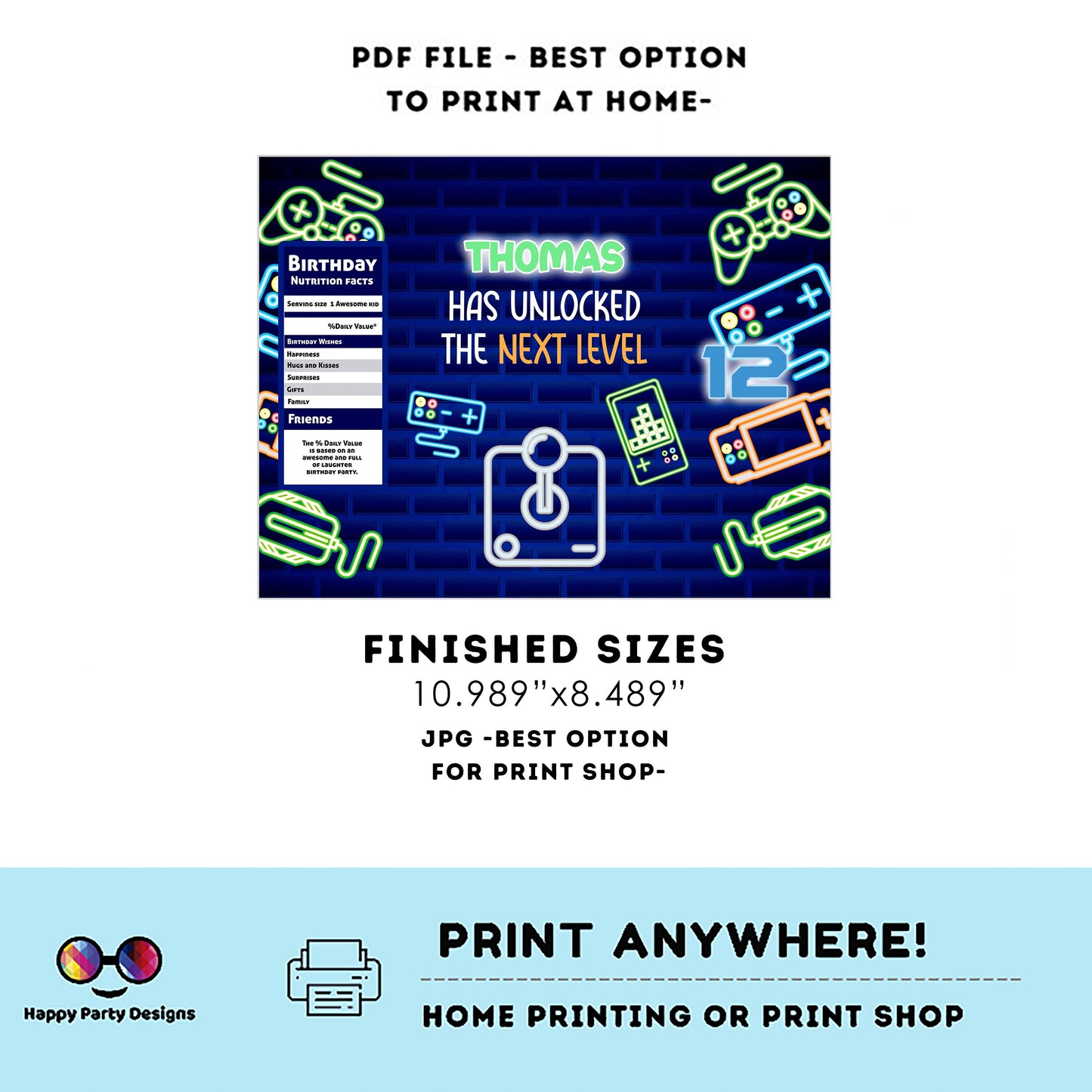 Editable video gamer Chip Bag | Digital neon video gamer printable Chip Bag | Party Snack video gamer Birthday boy | Personalize Favors #K50