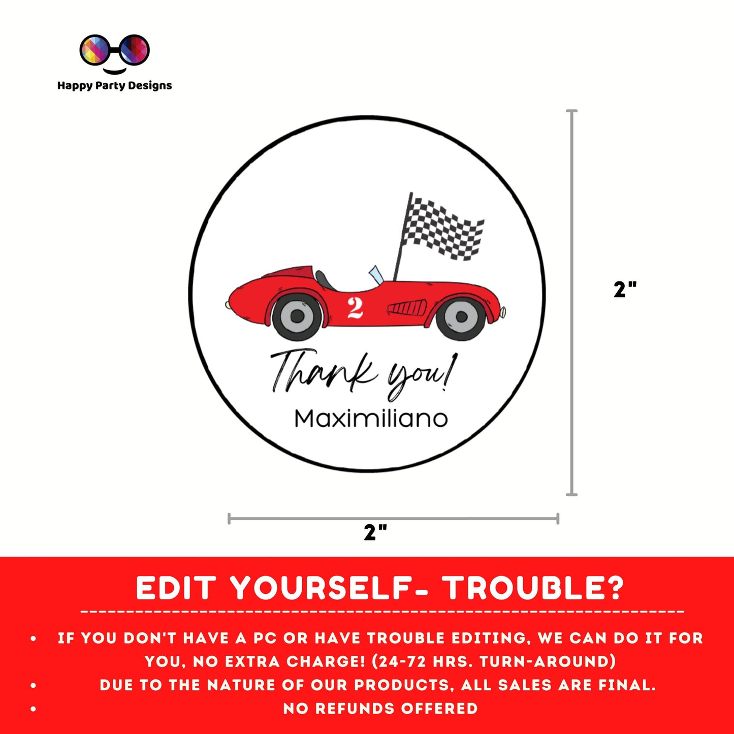 Editable Racing car round tag | Red car thank you tag | Cars Birthday Party Themed | Round Stickers | Two fast Birthday Party