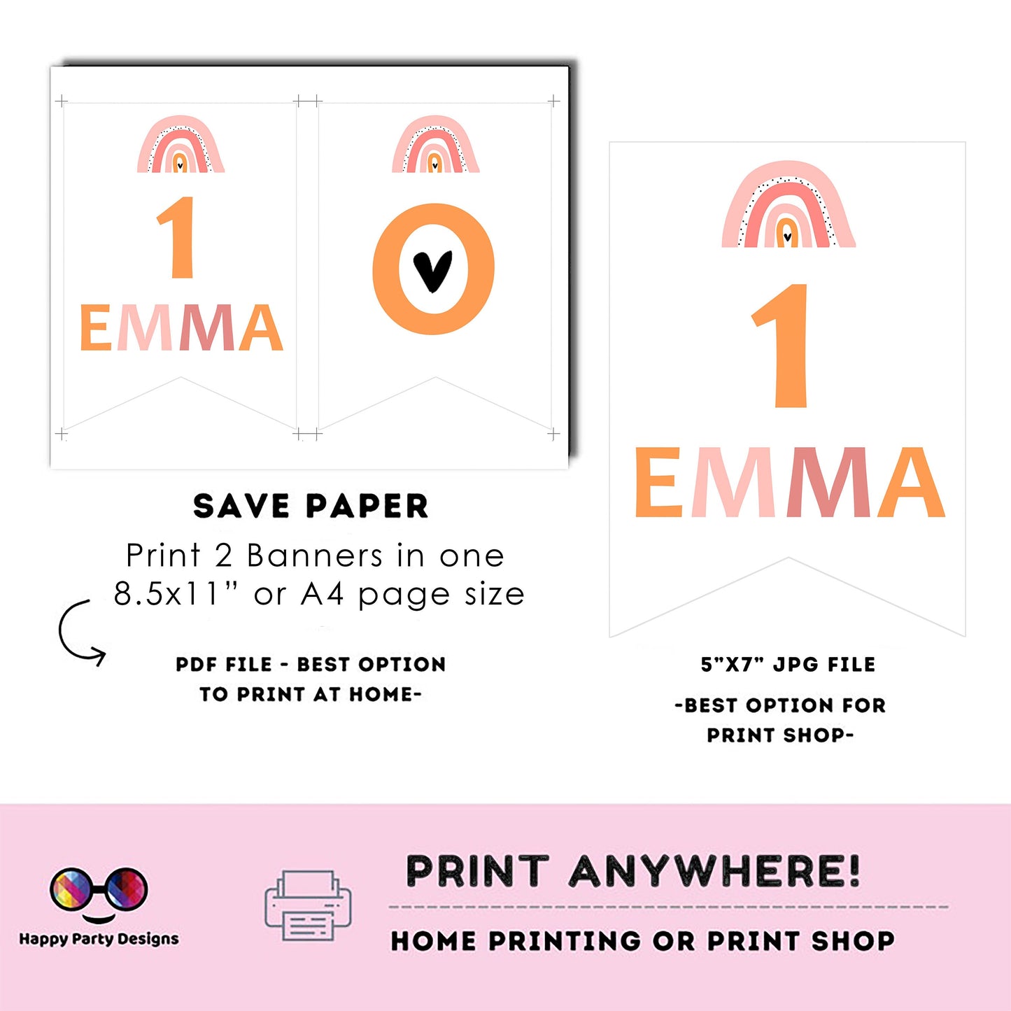 One boho rainbow Birthday Banner | Boho rainbow party | First Birthday banner | Rainbow birthday party | One banner to print