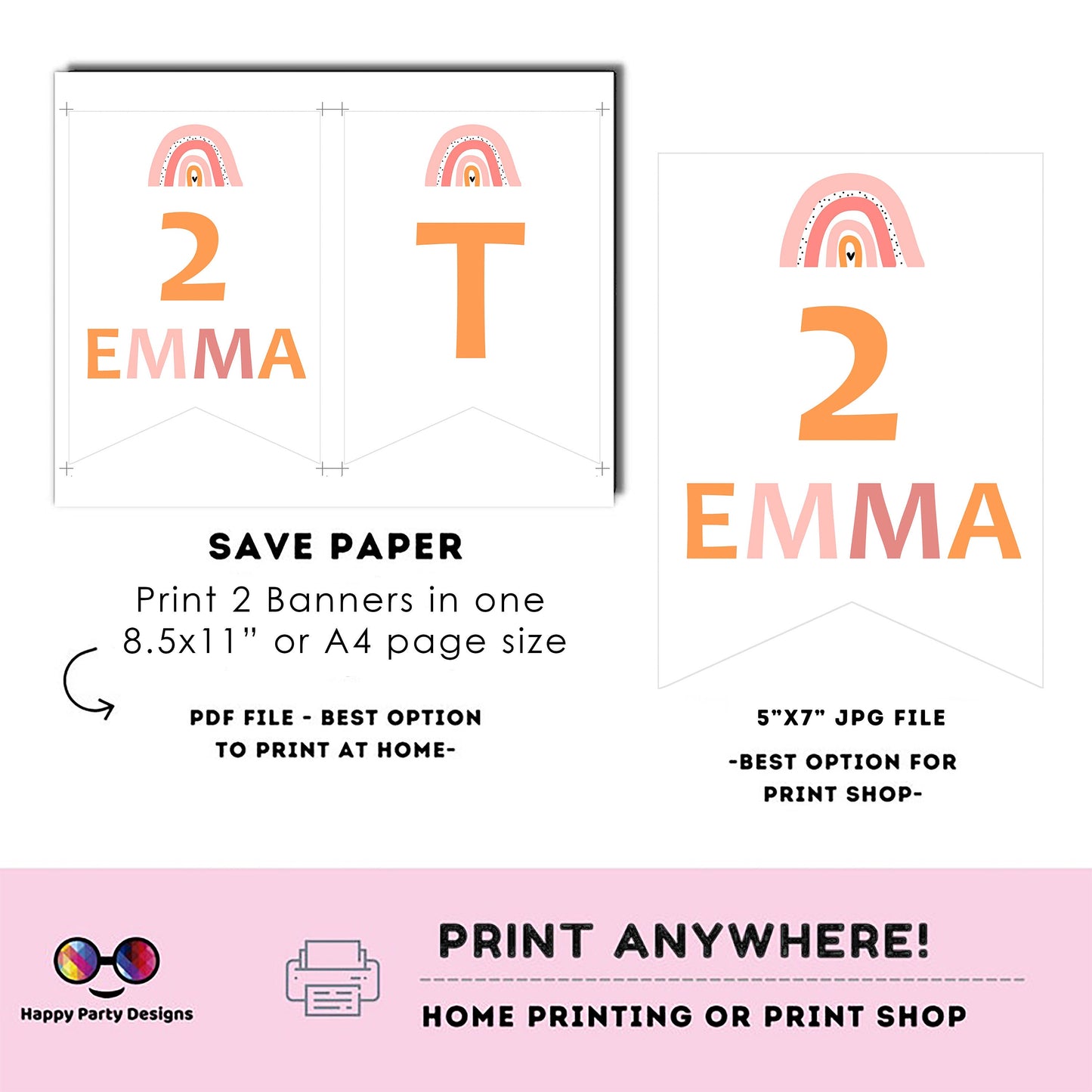 TWO boho rainbow Birthday Banner | Boho rainbow party | Second Birthday banner | Rainbow birthday party | two banner to print