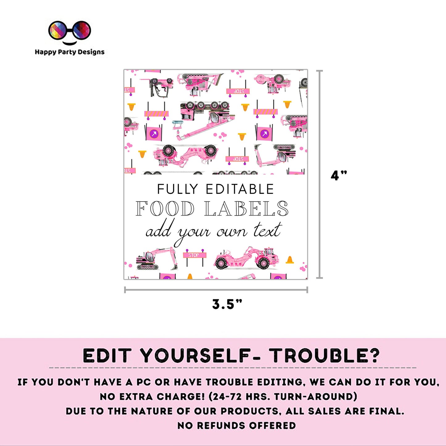 Editable pink Trucks Birthday food tent | Trucks party | buffet labels | Construction birthday party | girl birthday | Under construction