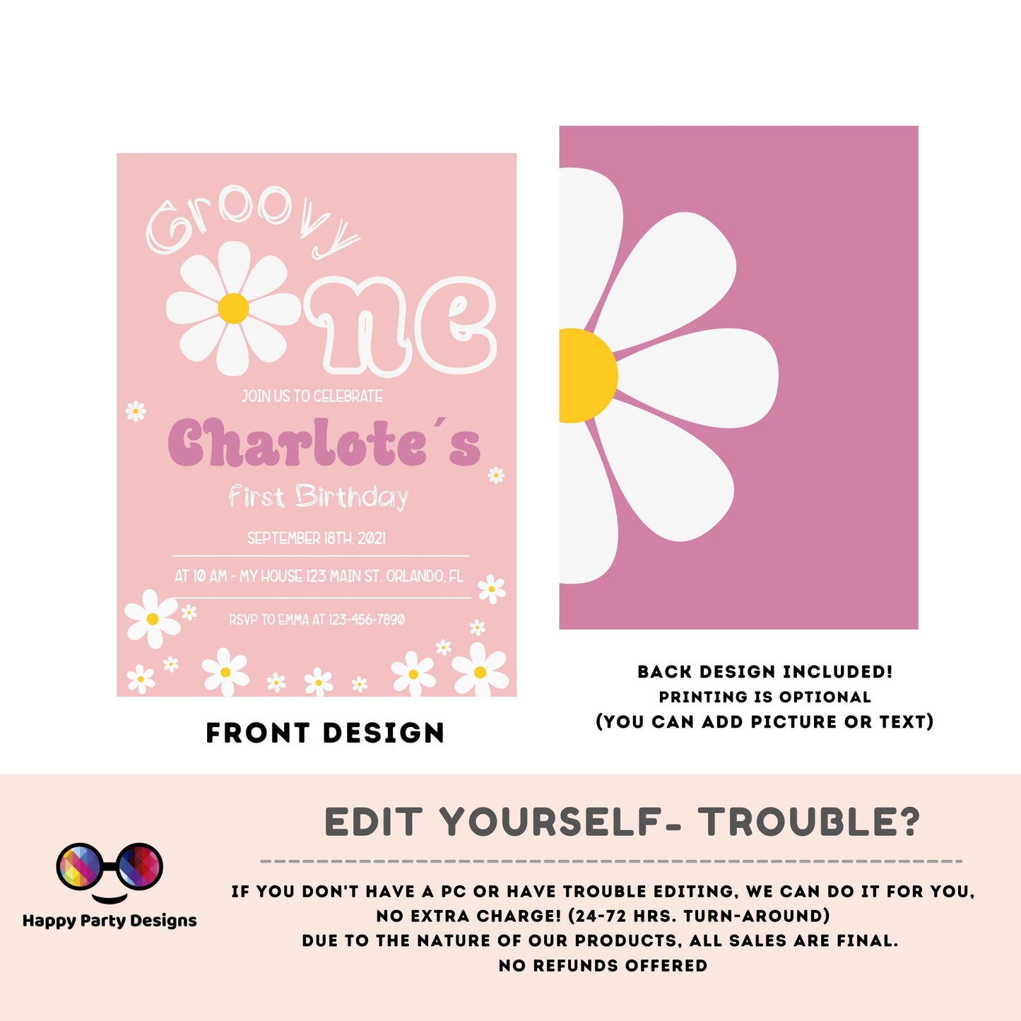 Groovy One Retro 1st Birthday Invitation | First Birthday | Retro Floral | 70s Flower Power | Download Editable Template Corjl Editable