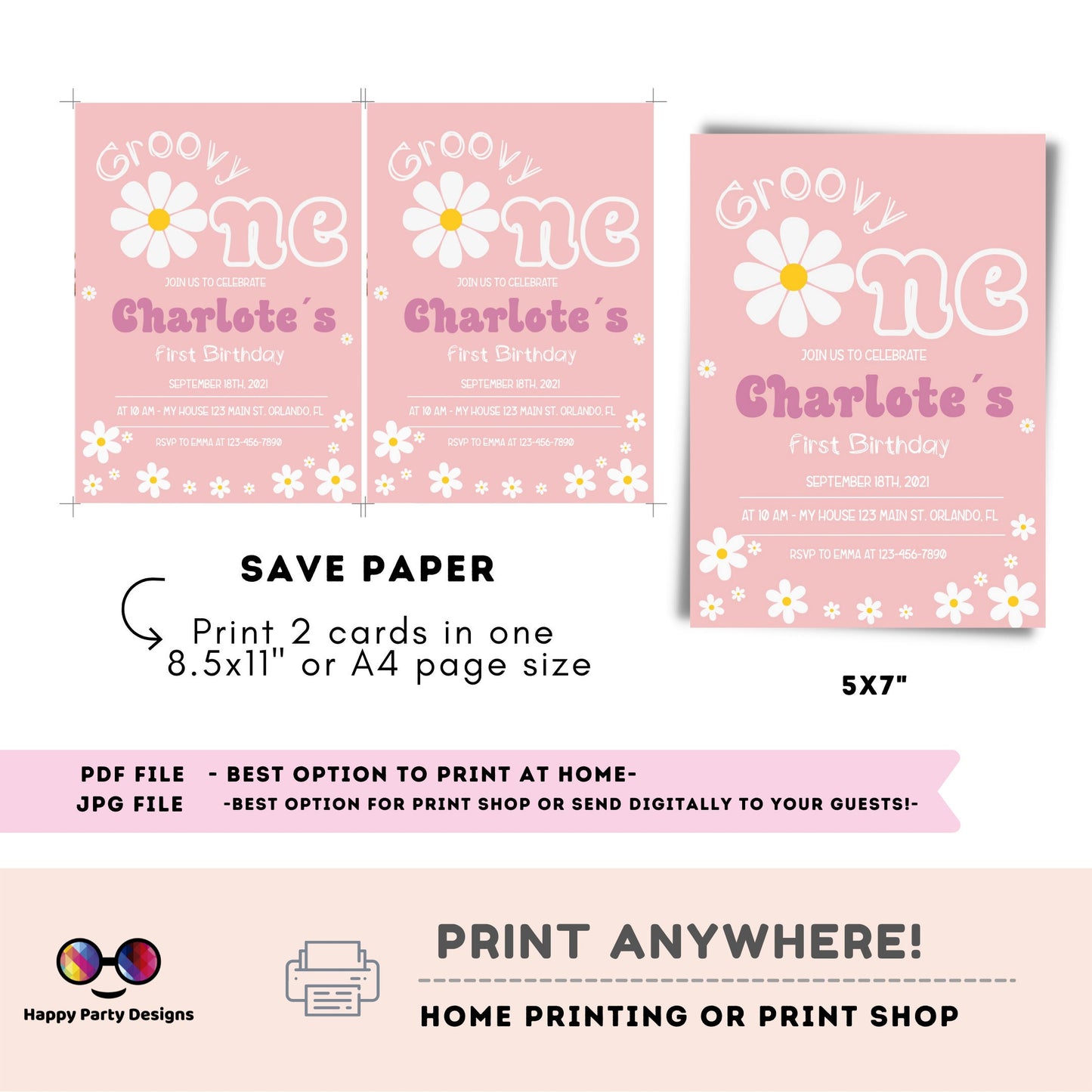 Groovy One Retro 1st Birthday Invitation | First Birthday | Retro Floral | 70s Flower Power | Download Editable Template Corjl Editable