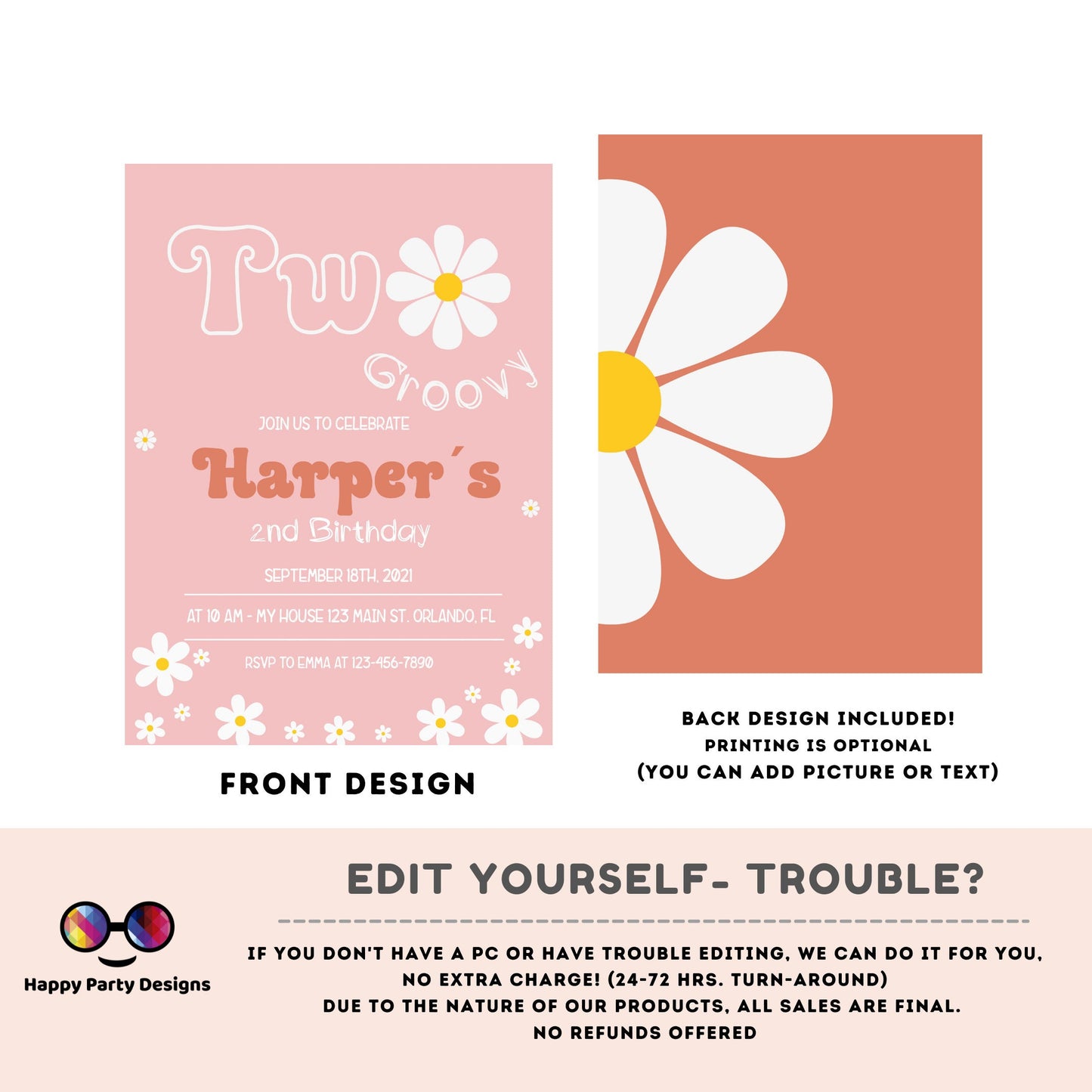 Two Groovy Birthday Invitation | 2nd Birthday | Retro Floral | 70s Flower Power | Daisy invite Download Editable Template Corjl