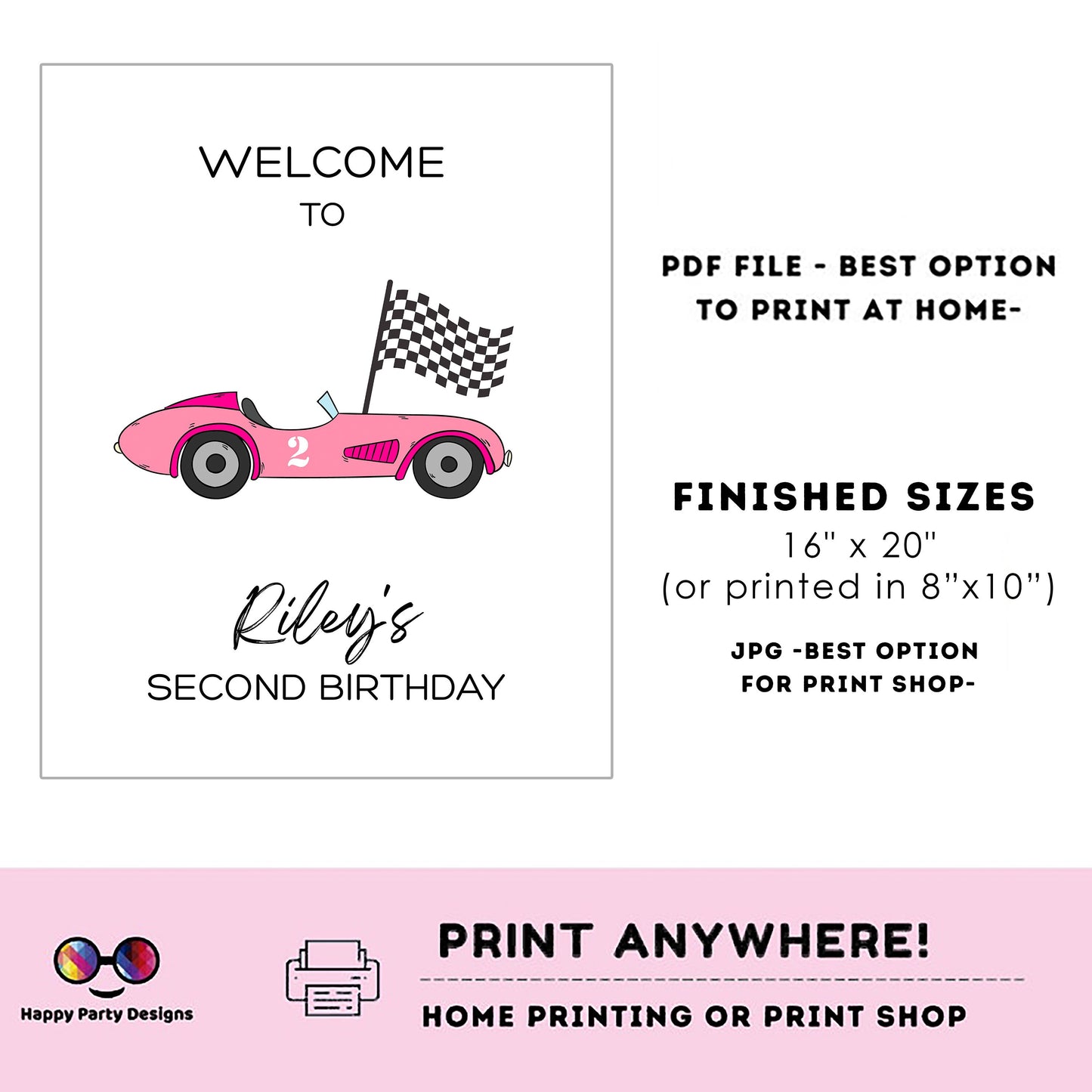 Editable Welcome Sign | racing pink car birthday | racing birthday Decorations | birthday Girl | Welcome Sign | two fast Party | Any age!