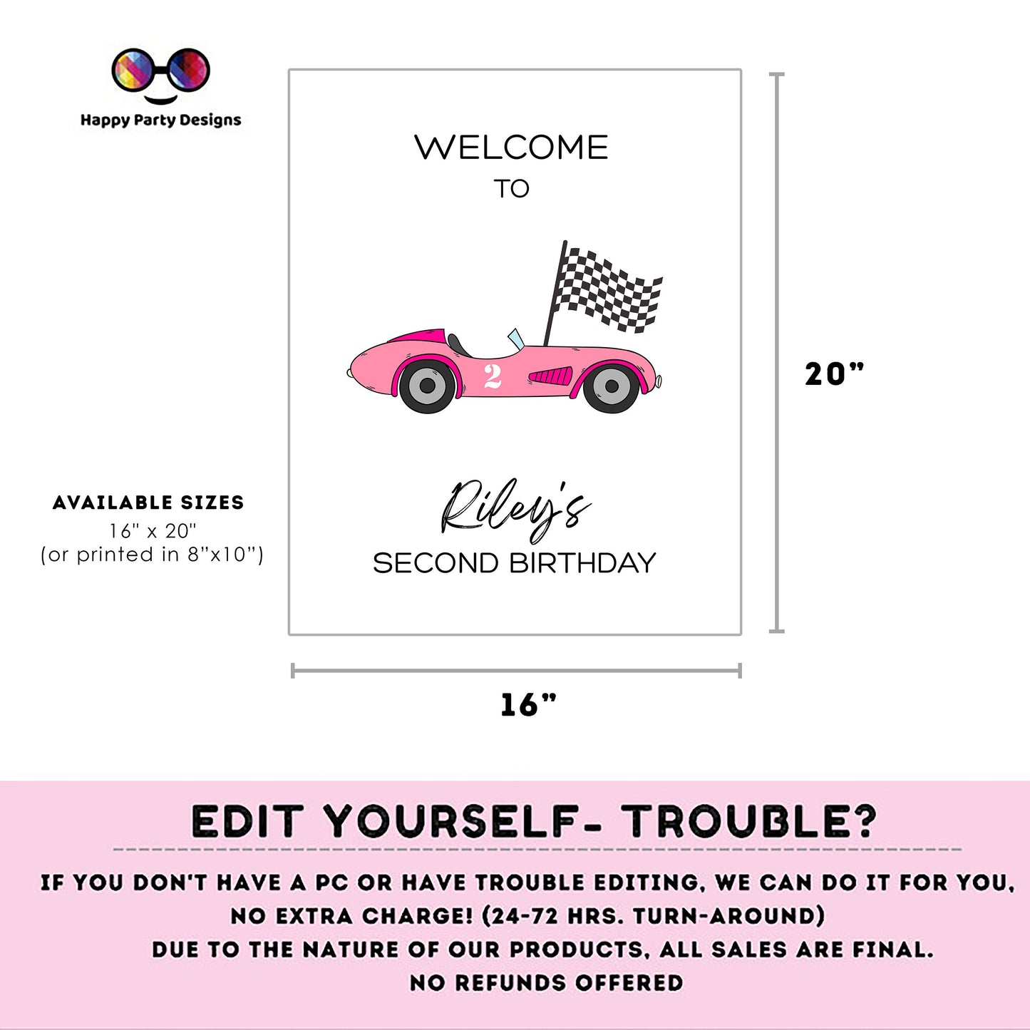 Editable Welcome Sign | racing pink car birthday | racing birthday Decorations | birthday Girl | Welcome Sign | two fast Party | Any age!