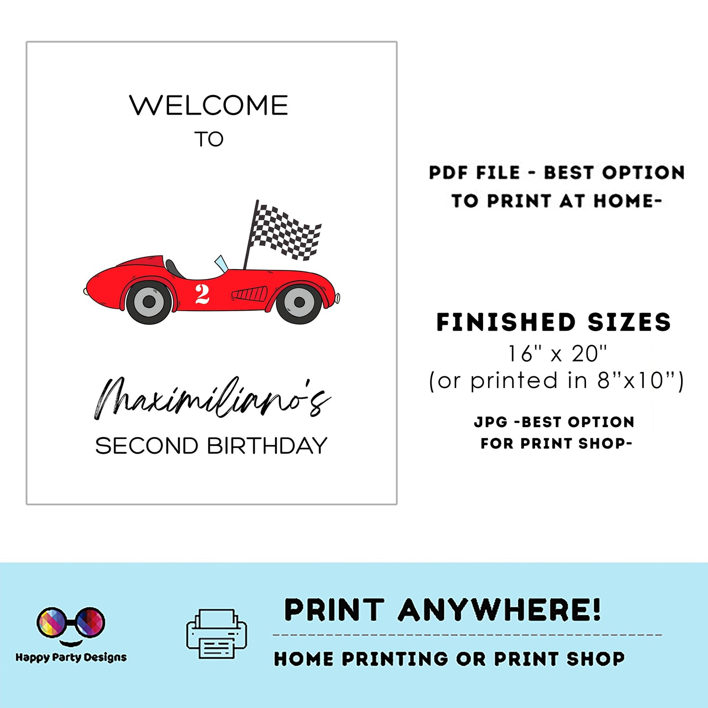 Editable Welcome Sign | racing red car birthday | racing birthday Decorations | birthday boy | Welcome Sign | two fast Party | Any age!