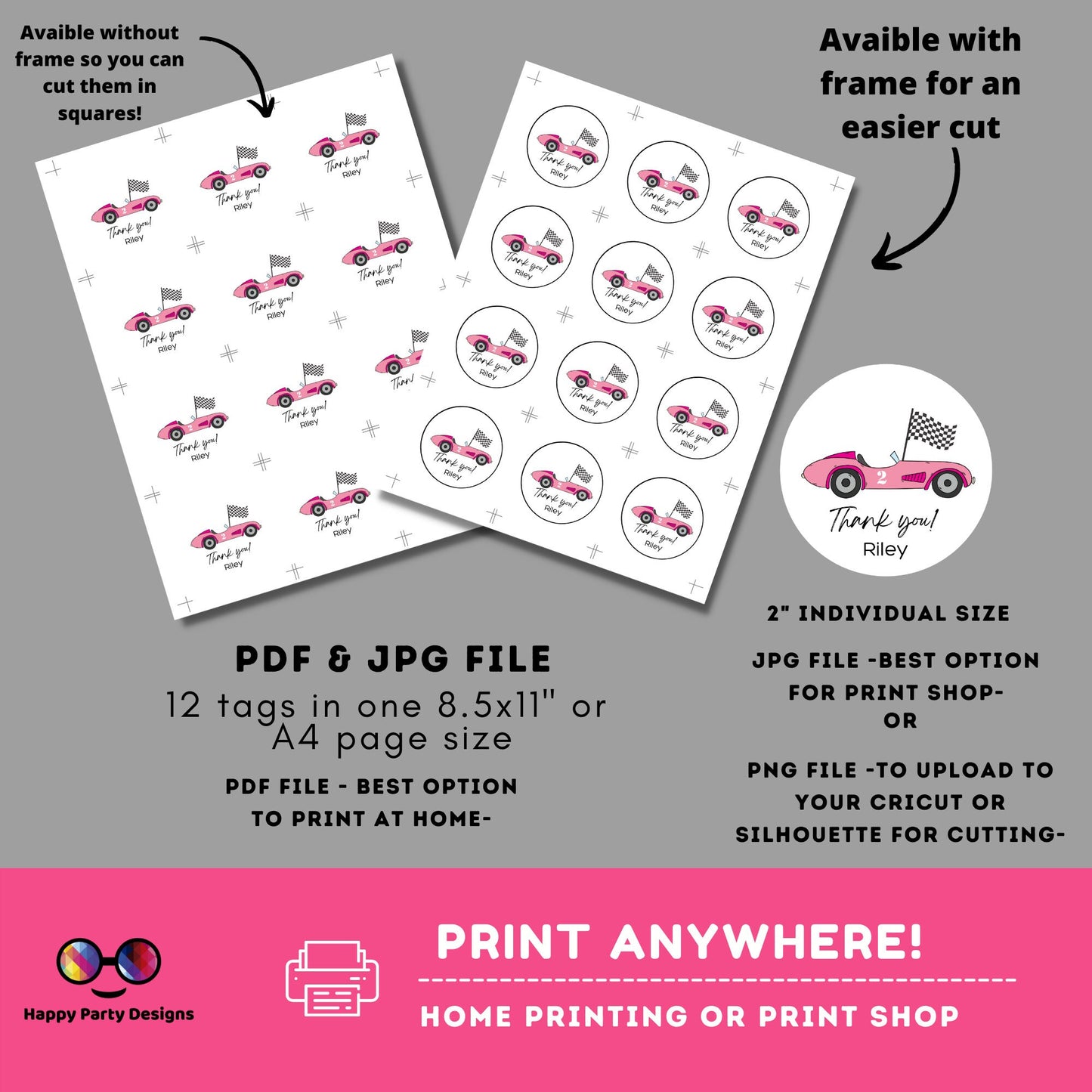 Editable Racing car round tag | Pink car thank you tag | Cars Birthday Party Themed | Round Stickers | Two fast Birthday Party