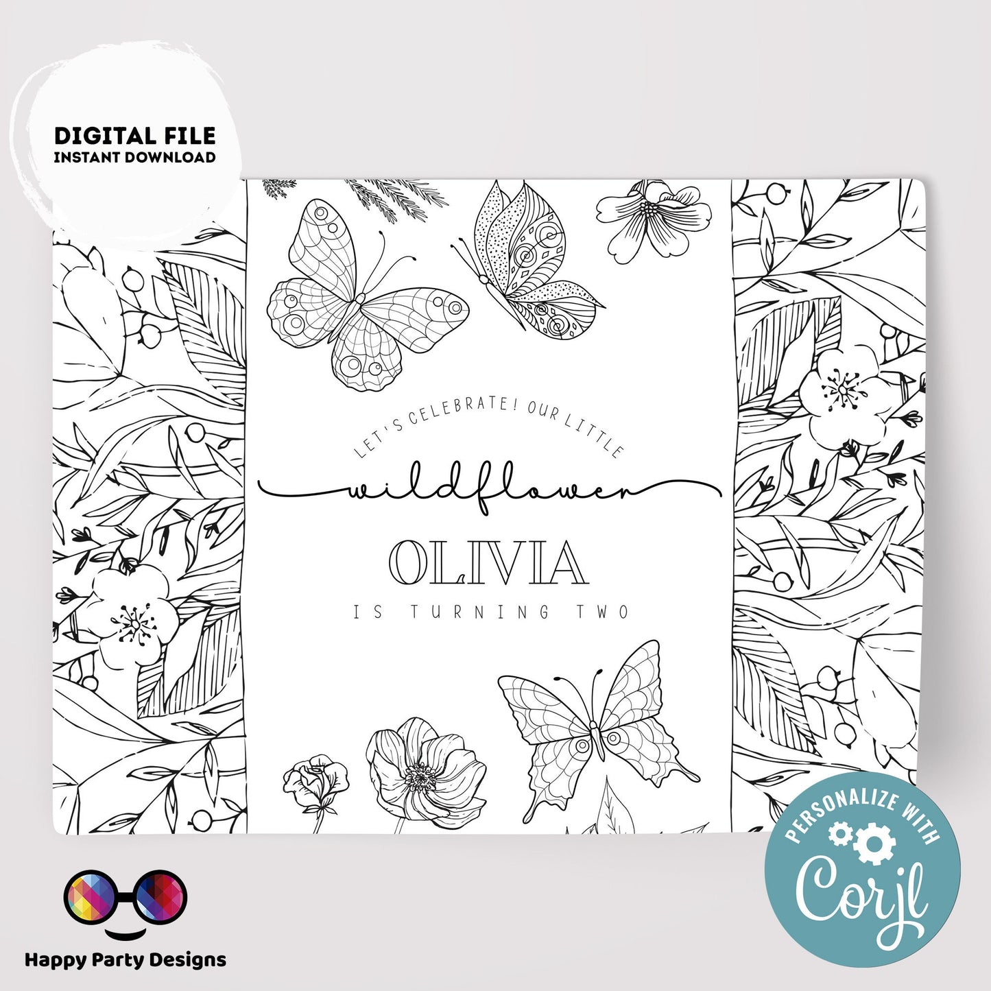 Editable Wildflower coloring page | Placemat coloring page | Any Age | Spring birthday | Wildflower Party Activity #K73