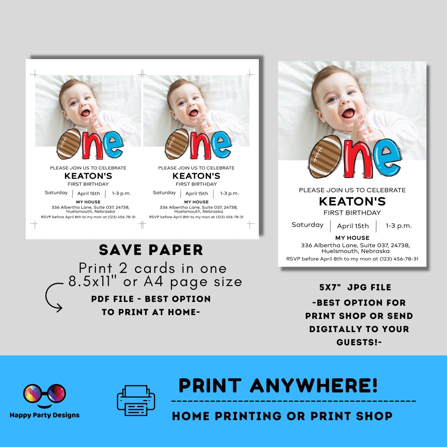 Football First Birthday Invitation | Party Invitation Instant Template | Football Boy Bday Invite | One year | EDITABLE ON LINE