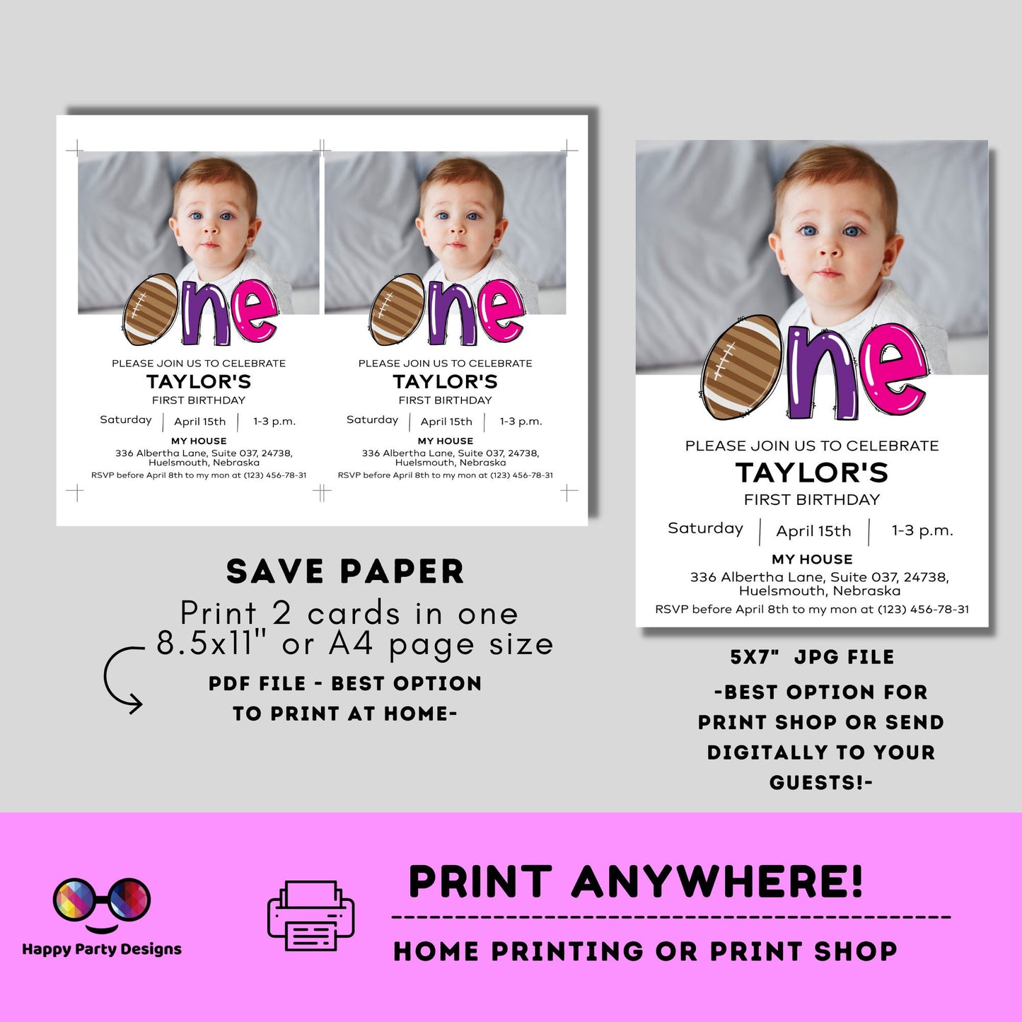 Football First Birthday Invitation | Party Invitation Instant Template | Football girl Bday Invite | One year | EDITABLE ON LINE #K43