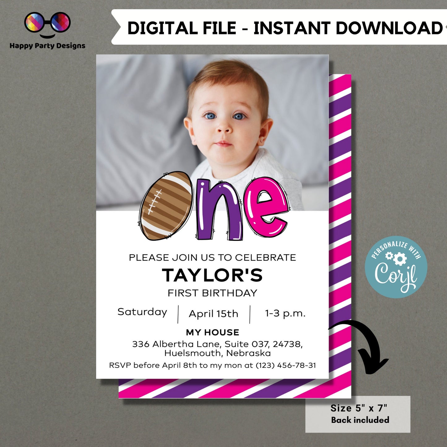 Football First Birthday Invitation | Party Invitation Instant Template | Football girl Bday Invite | One year | EDITABLE ON LINE #K43